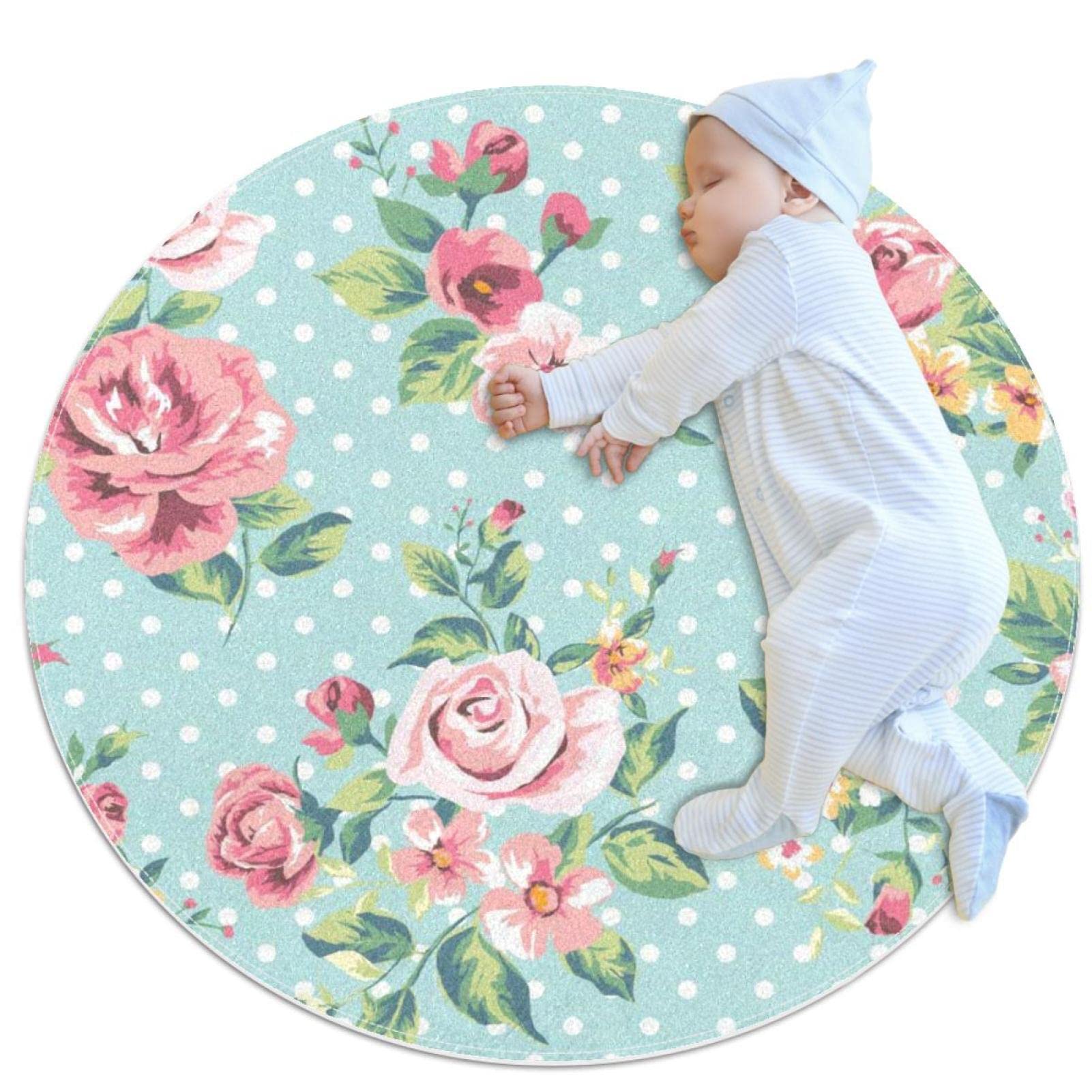 Tapis pour enfants JDEZ rond 80cm anti-poussière motif fleur rose pour jeux sans allergie