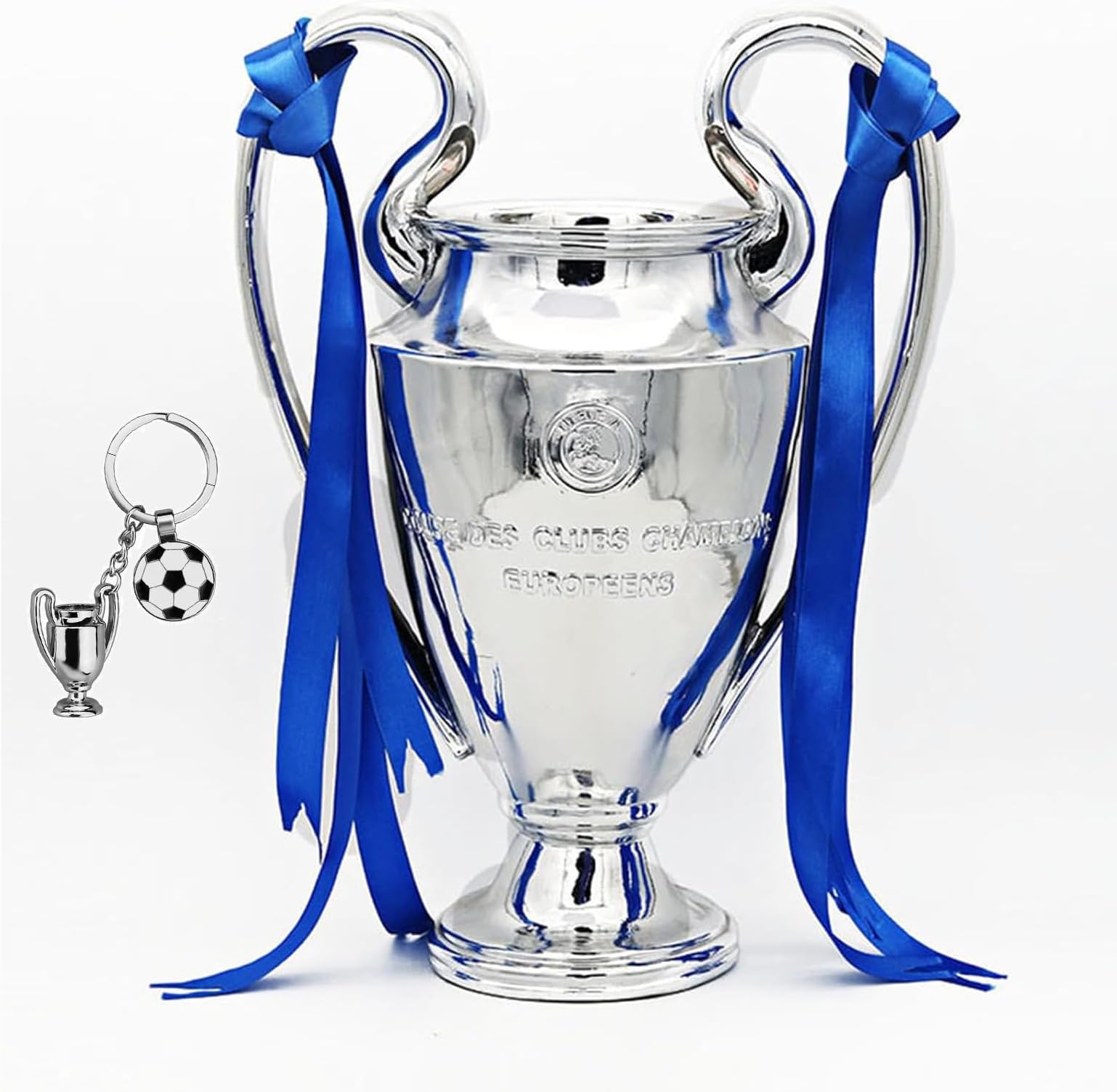 European Champion Football Trophy, Resin St. Bernard League Replica Award Cup, Silver with Blue Ribbons for Sport Fan League Team (15cm/6 inches)