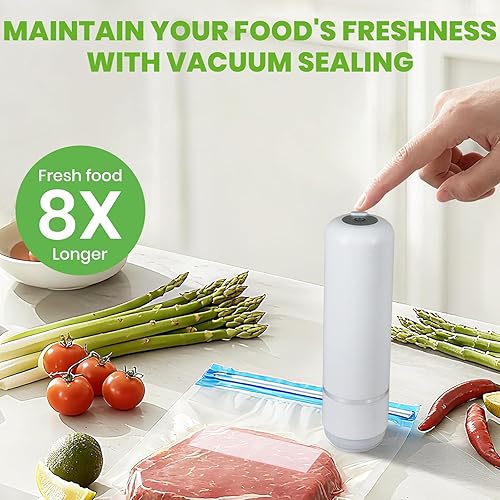 Miniatura 2 de Sellador al vacío de mano para alimentos, sistema compacto de almacenamiento de alimentos, blanco, 30 bolsas de vacío reutilizables, máquina de