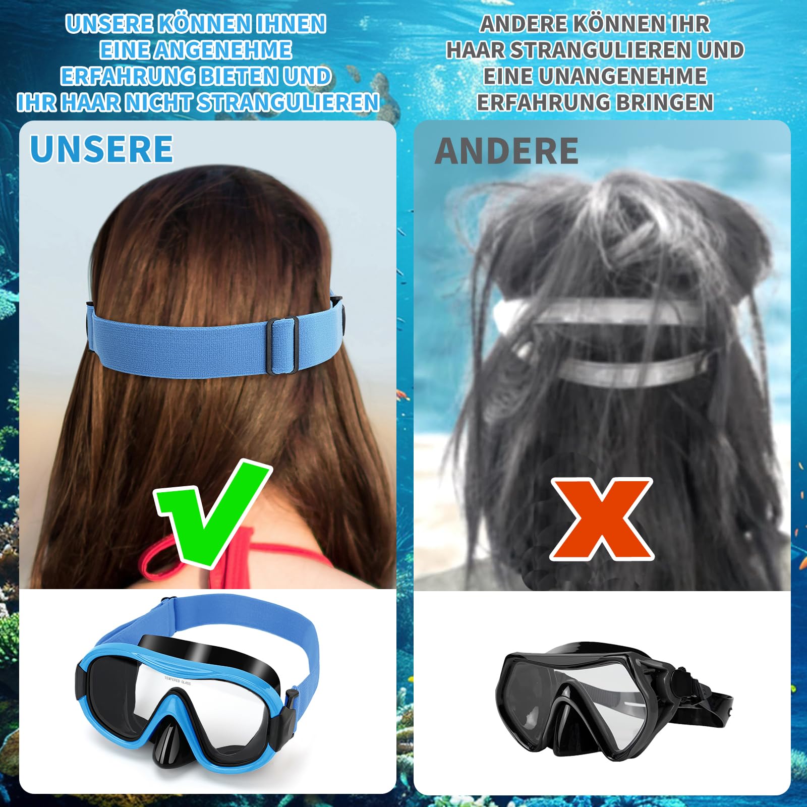 Schwimmbrille Scuba Schnorchel Maske für Erwachsene, verstellbare elastische Strickband Schwimmbrille, gehärtetes Glas mit Panorama Scuba Snorkel Tauchmaske für Erwachsene