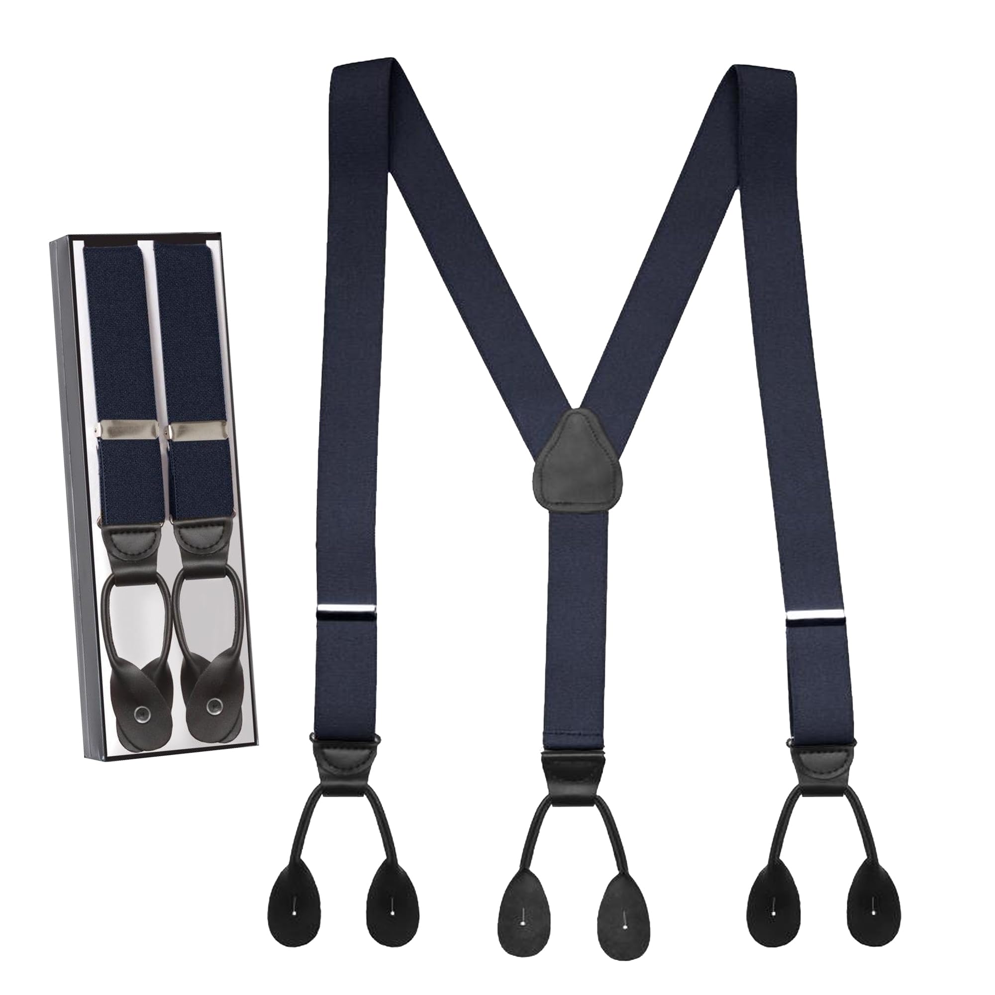 Suspender for Men Made in USA Y-Back Genuine Leather Trimmed Button End Tuxedo Suspenders Many colors and designs