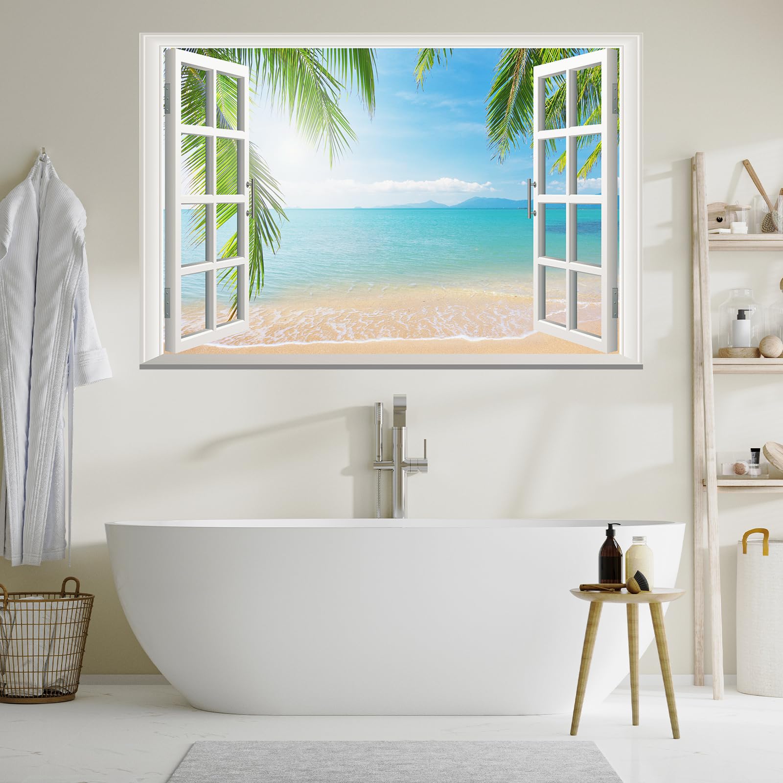 Calcomanía de pared de ventana falsa 3D de paisaje marino, océano azul y palmera, calcomanía de pared de paisaje creativo, calcomanías de pared de vinilo extraíbles para sala de estar, dormitorio,