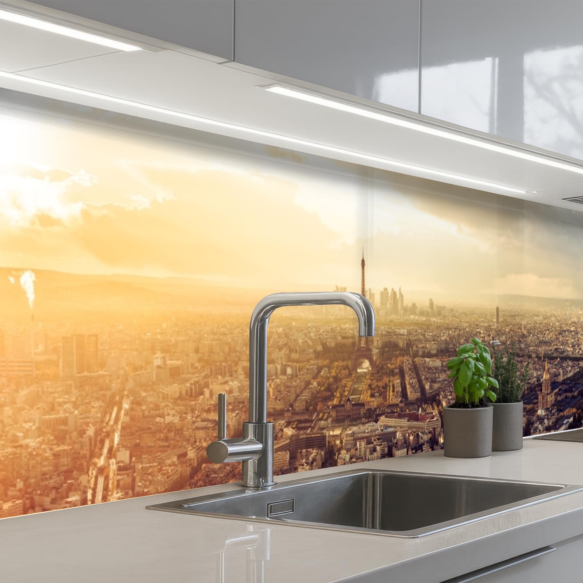 KitchenYeah© Splashback for kitchen 32"x158" / 80x400 cm self-adhesive Sink Splash Splatter Guard Splashbacks Walls Paris - Skyline - Sunset - Cities