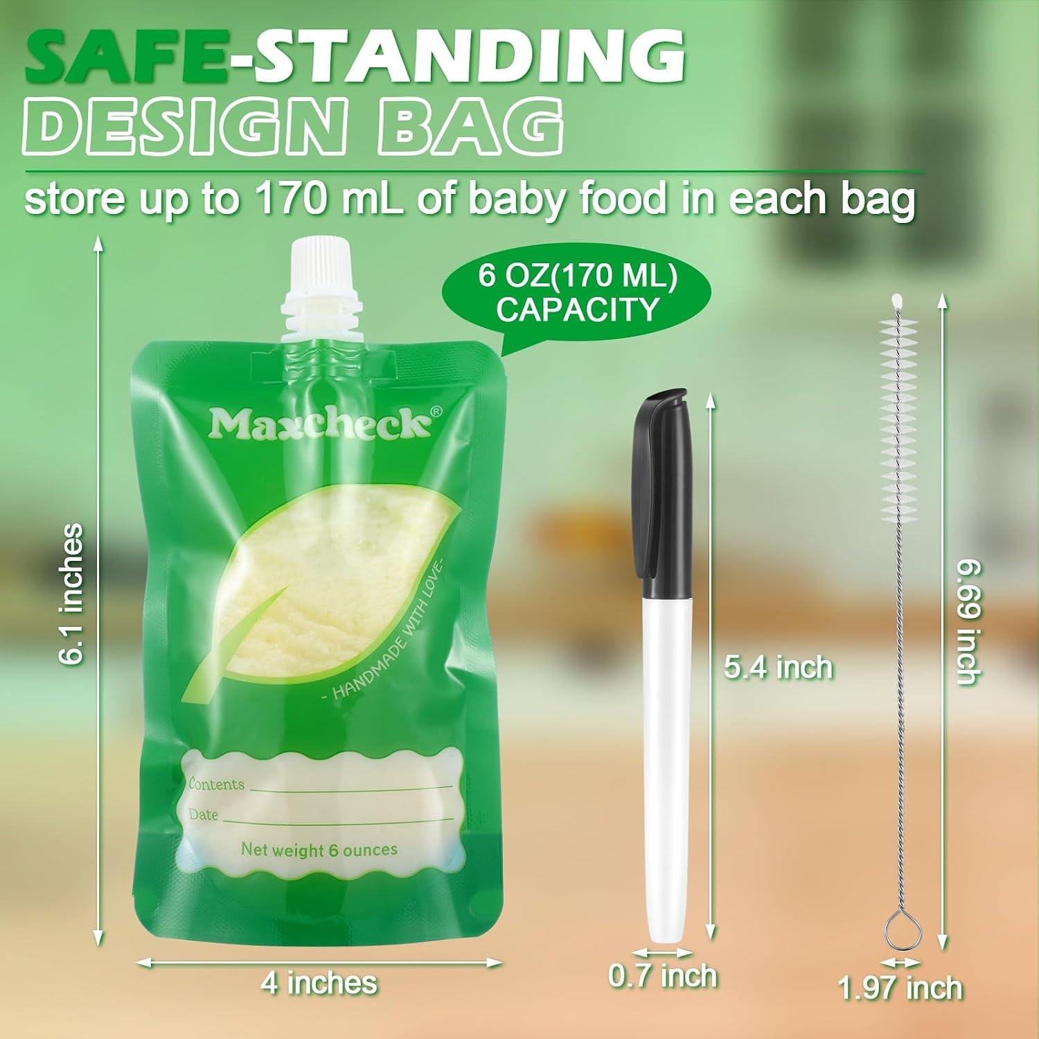 Maxcheck 28 Pcs Refillable Baby Food Pouches Maker Set Include 25 Pcs Portable Fruit Puree Storage Bags, Baby Food Maker, Pen and Brush for Babies Kids Toddlers
