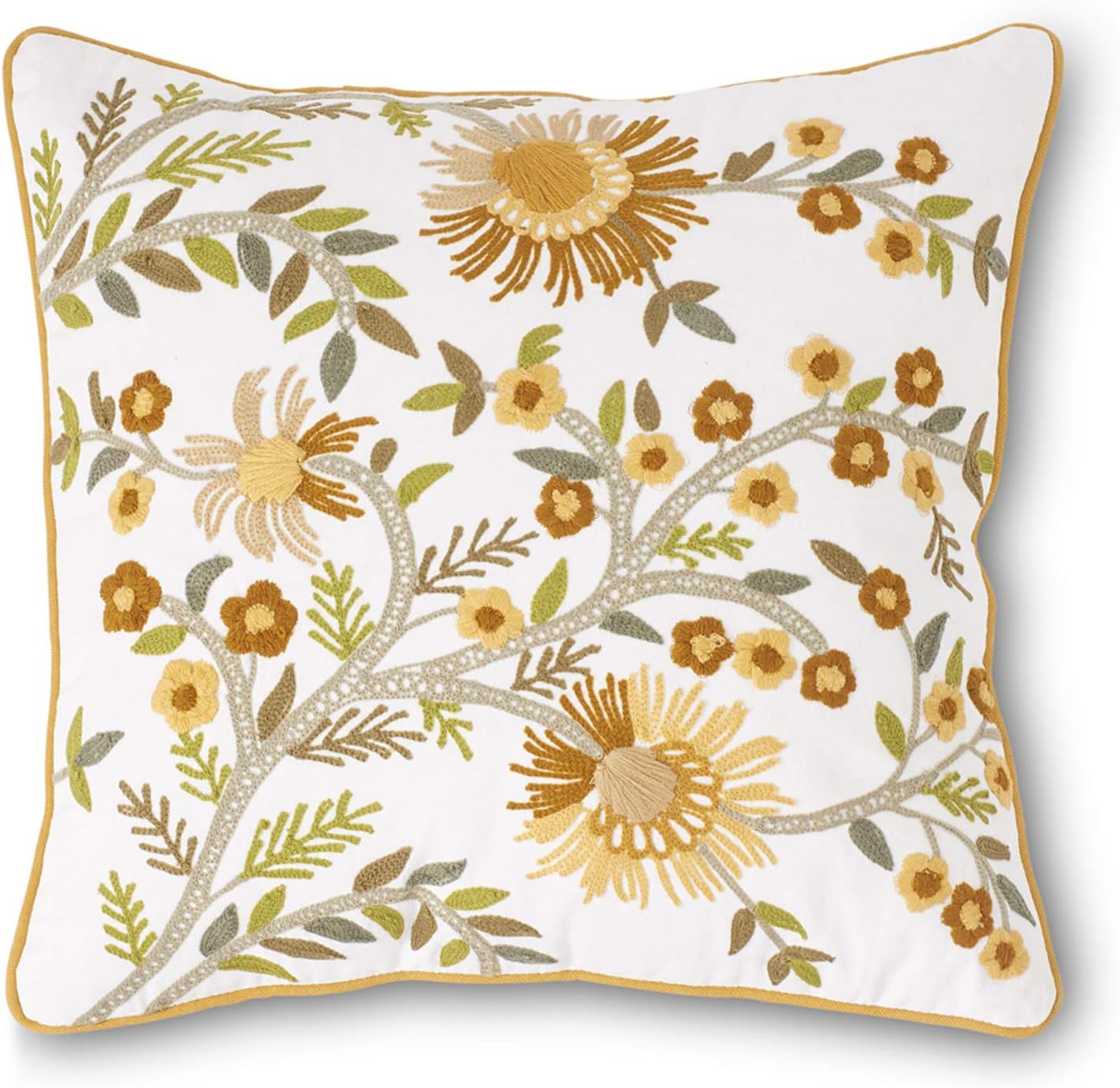 K&K Interiors 16150A 16 Inch Square Pillow w Embroidered Botanicals, White and Yellow