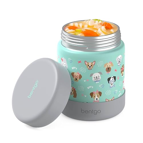 Bentgo Kids Stainless Steel Food Jar - 11oz Leak-Proof Double Insulated Hot or Cold Food Container with Removable Silicone Bumper, Dishwasher Safe, Easy Open Lid, Ages 3+ (Puppy Love)