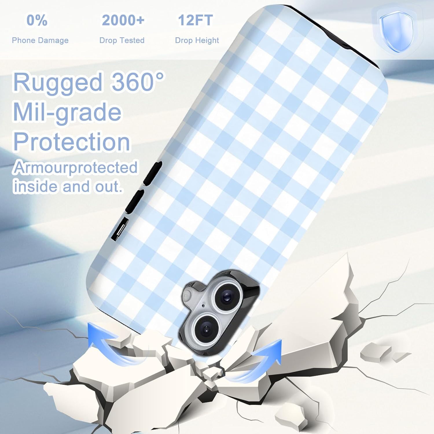 for iPhone 16 Case [Compatible with MagSafe] 2-Layer Hard Shell Glossy Rugge Shockproof Protection Phone Case, Blue Checkered Checkerboard image 5