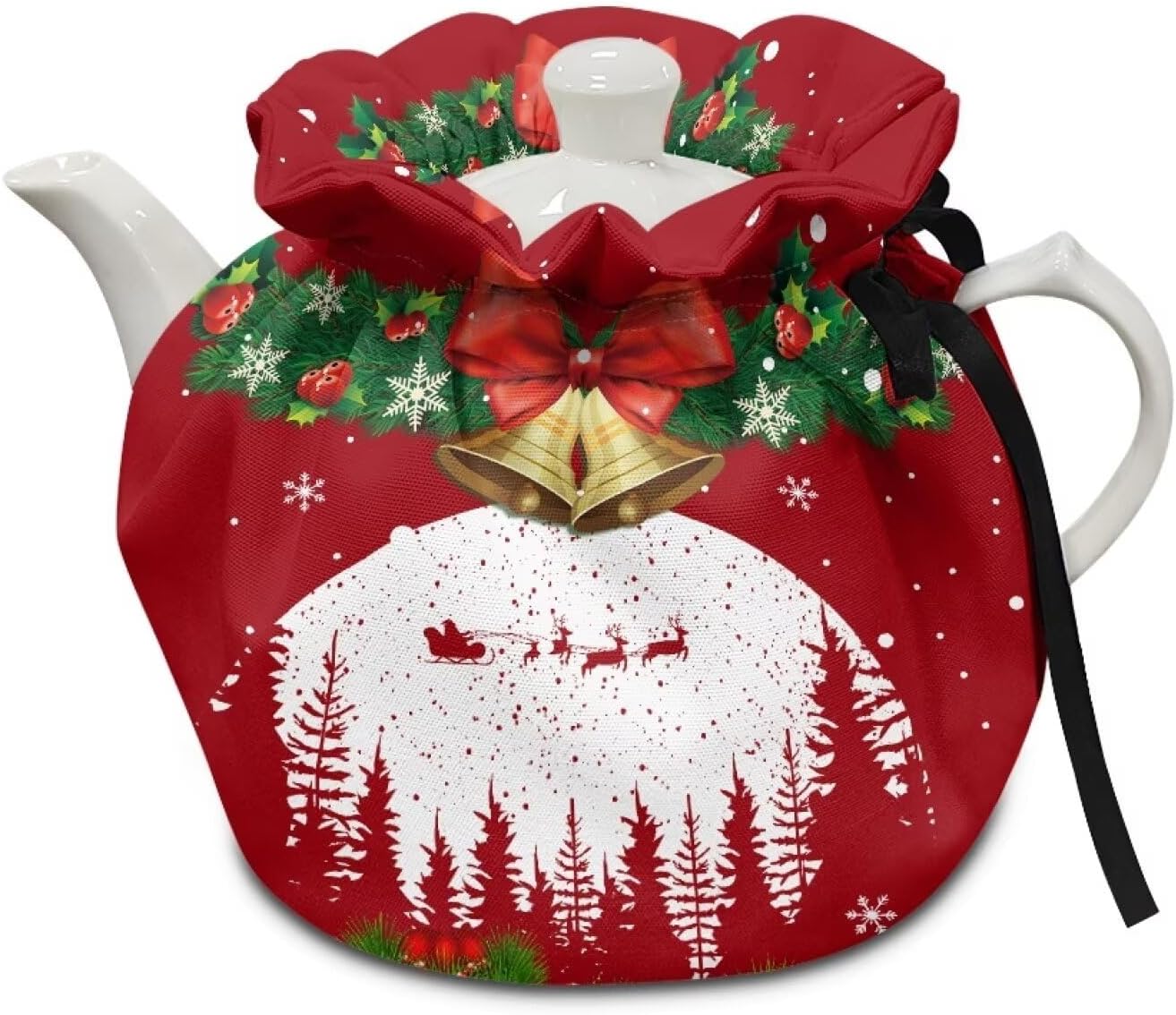 Pzuqiu Xmas Portable Teapot Dust Cover Red Christmas Bell