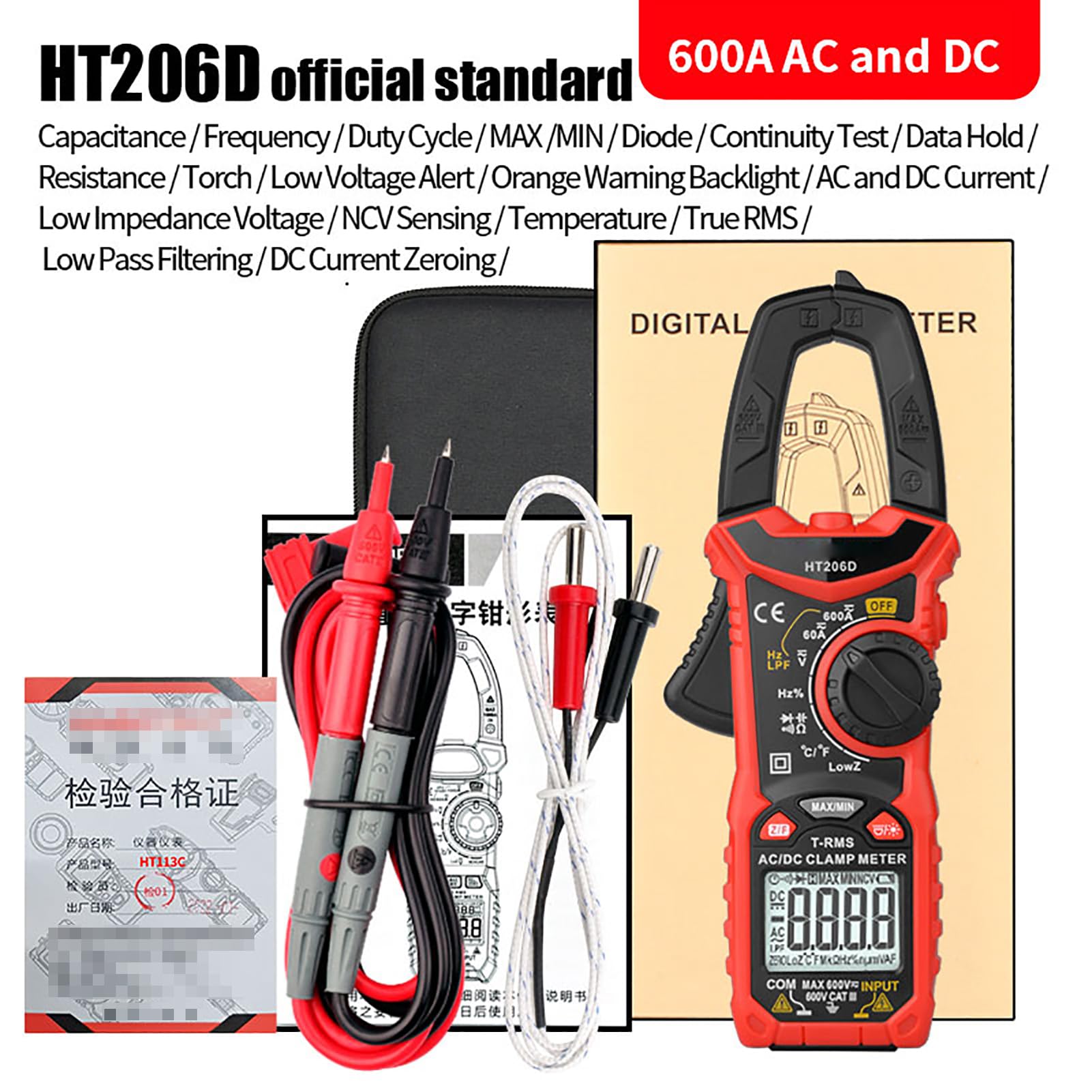 Akozon Pinza Amperometrica Multimetro Digitale Tester di Tensione NCV Rilevatore di Tensione Senza Contatto Sensore di Tester di Vero RMS Filtro Passa Basso a Bassa (HT206D)
