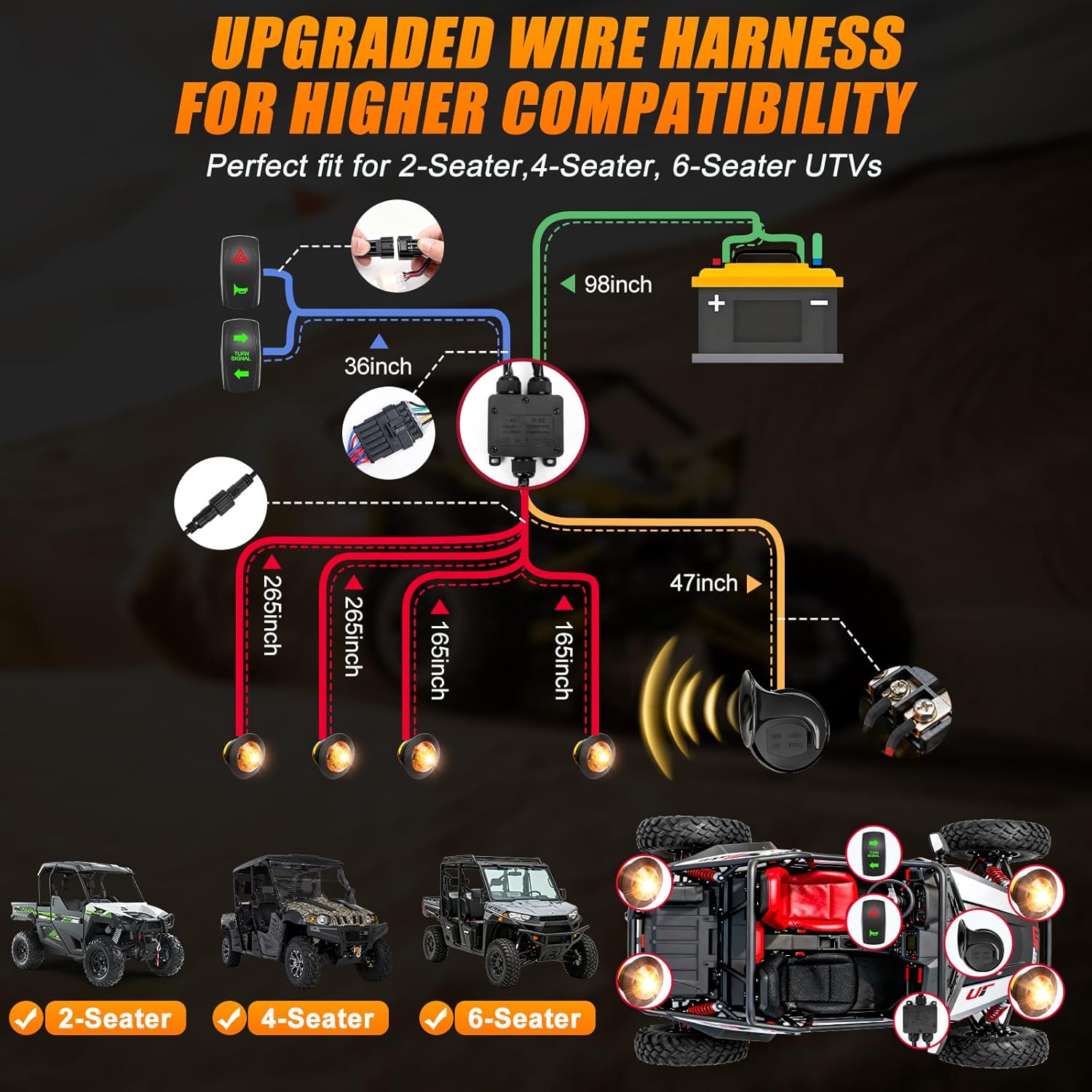 Wisamic UTV Turn Signal Kit with Horn, Pre-Wired, Plug and Play UTV ATV Blinker with Rocker Switch, Hazard Light, Relay, Universal Turn Signal Street Legal Kit Fits for Kawasaki Polaris Can-Am CFMOTO