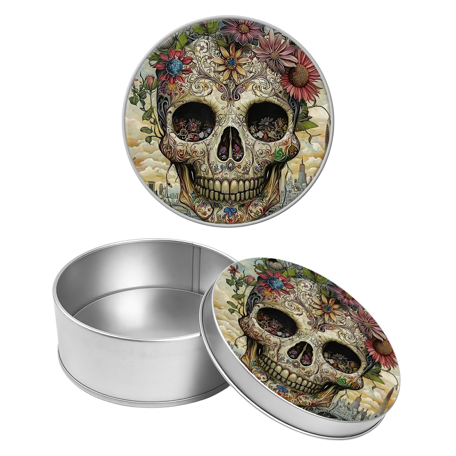 Round Metal Tin Container with Removable Lid, Skull Head Durable Metal Storage Box for Crafts Snacks Candies Office Supplies Small Items 3.54 x 1.38 inch– Single Pack