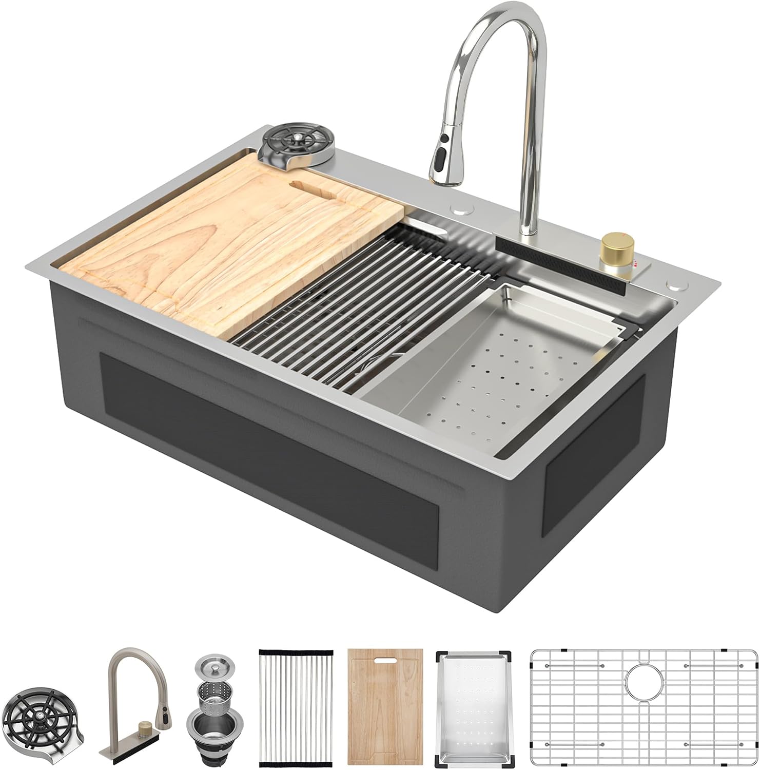 Kichae Waterfall Kitchen Sink Drop In - Kitchen Sink 33x22 Drop In Waterfall with Hot & Cold Water Stainless Steel 16 Gauge Workstation Sinks Handmade Single Bowl with Faucet Combo & Glass Rinser