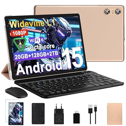 Tablet Android 15 Tablet 10 Pulgadas, 20GB RAM + 128GB ROM (TF 2TB), Octa-Core, Widevine L1, GMS, 5G+2.4G WiFi 6, 5 + 8 MP, 1280 * 800 Pixels, 6000mAh, Bluetooth 5.0, Tableta con Teclado y Raton Oro - Chollo en Informática