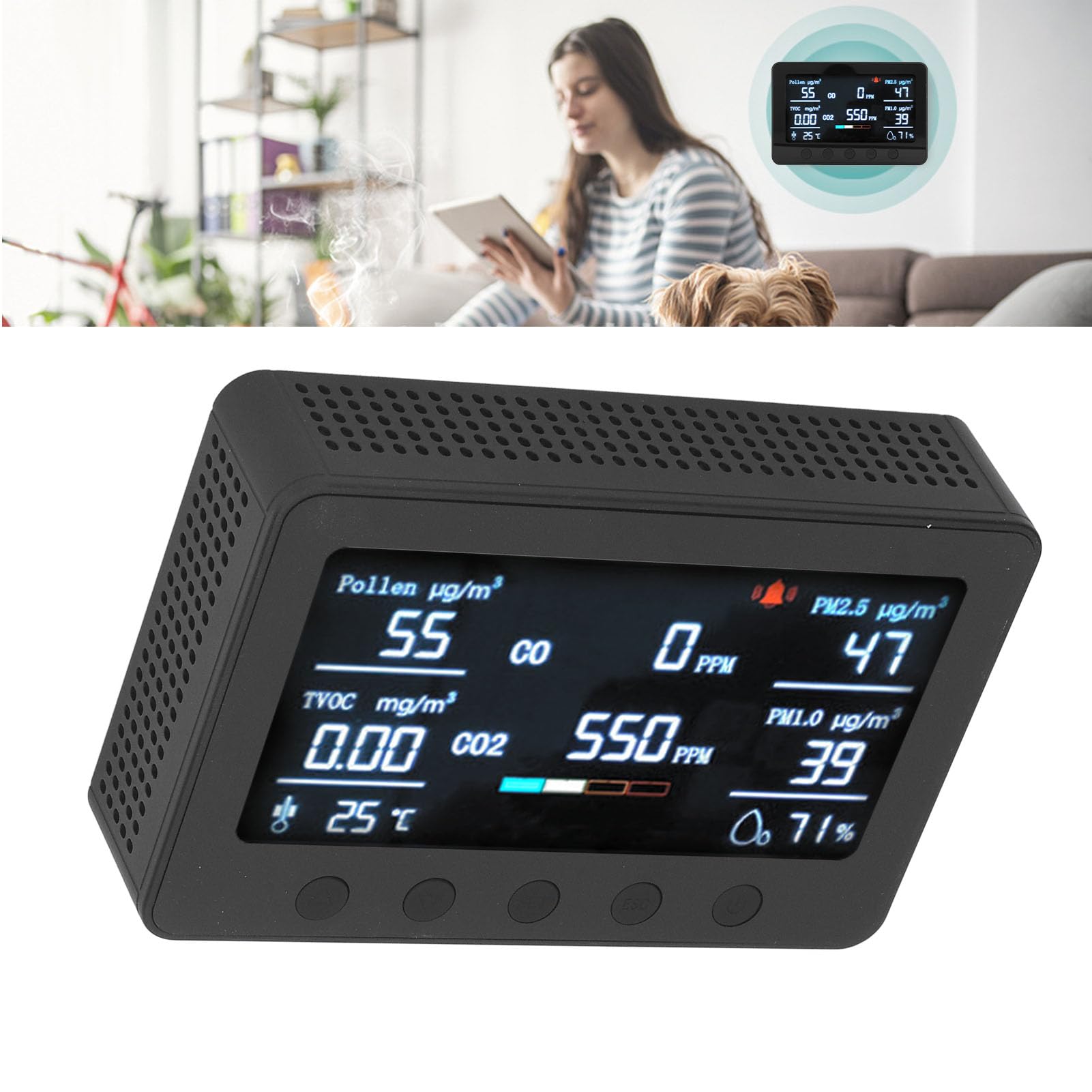 Luftqualitätsmonitor, Kohlendioxid-Detektor, Kohlendioxid-Monitor-Messgerät, CO2-Temperatur, Luftfeuchtigkeit, TVOC, PM2,5, PM1,0, Tester, Detektor, 7-Zoll-Display (EU-Stecker)