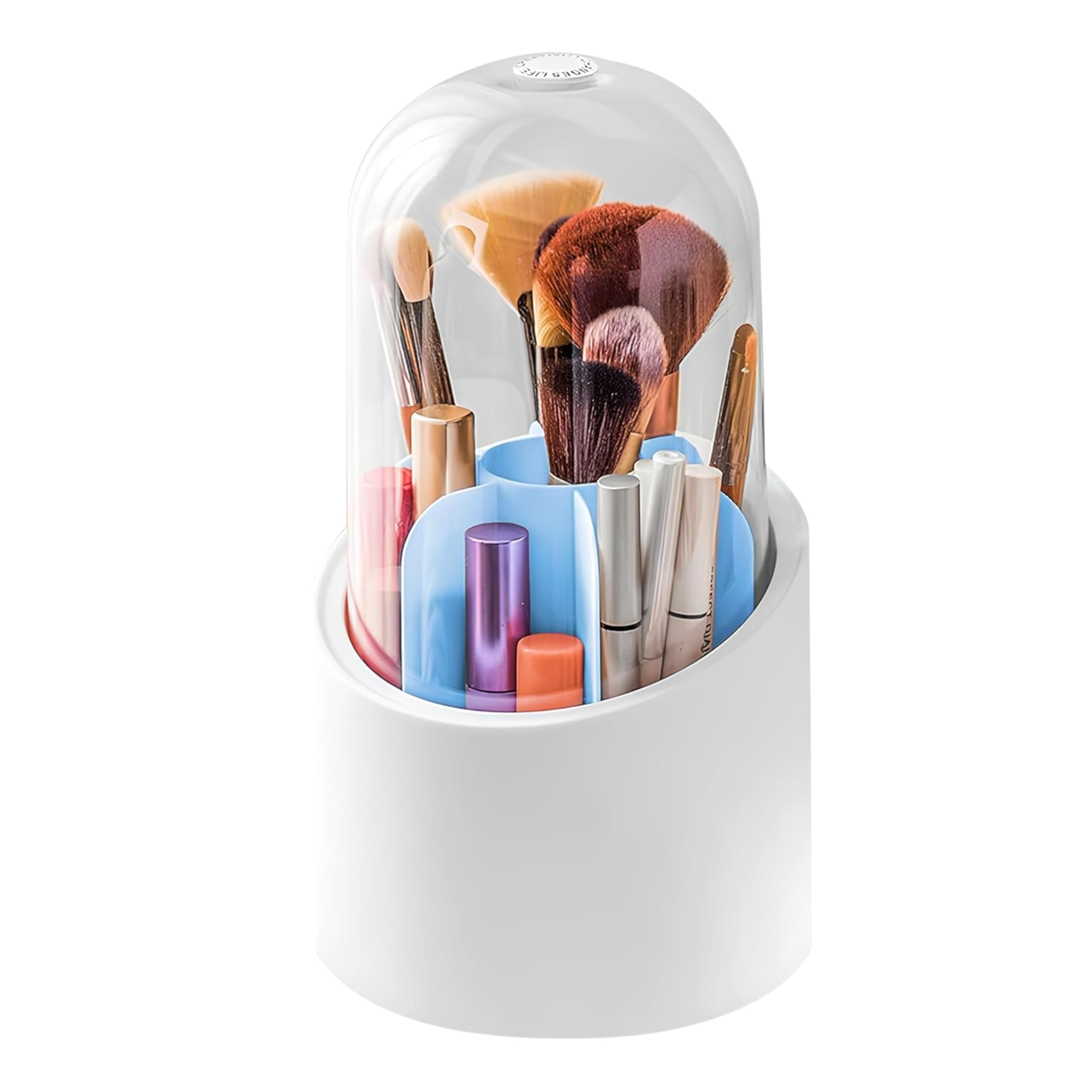Rangili 360° Rotating Makeup Brush Holder with Lid – Dustproof Acrylic Cosmetic Organizer for Brushes, Lipsticks & Skincare, Vanity & Bathroom Storage Stand (White)-image-3