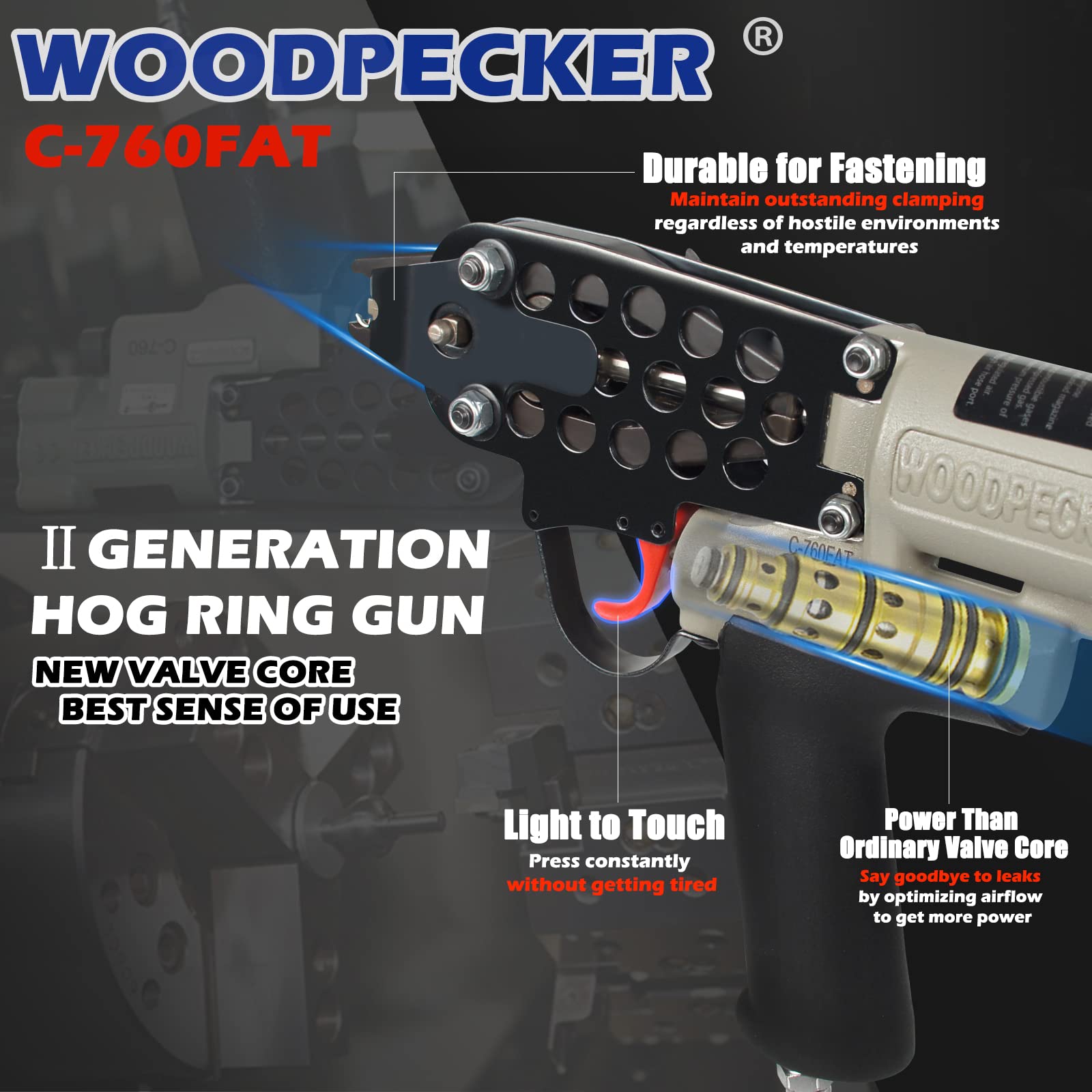 WOODPECKER C-760FA - Pistola neumática de anillo de cerdo de calibre 16, diámetro de cierre estándar de 3 mm a 4,8 mm, grapas de anillo de cerdo de corona de 1/2 pulgada, herramienta de alicates de