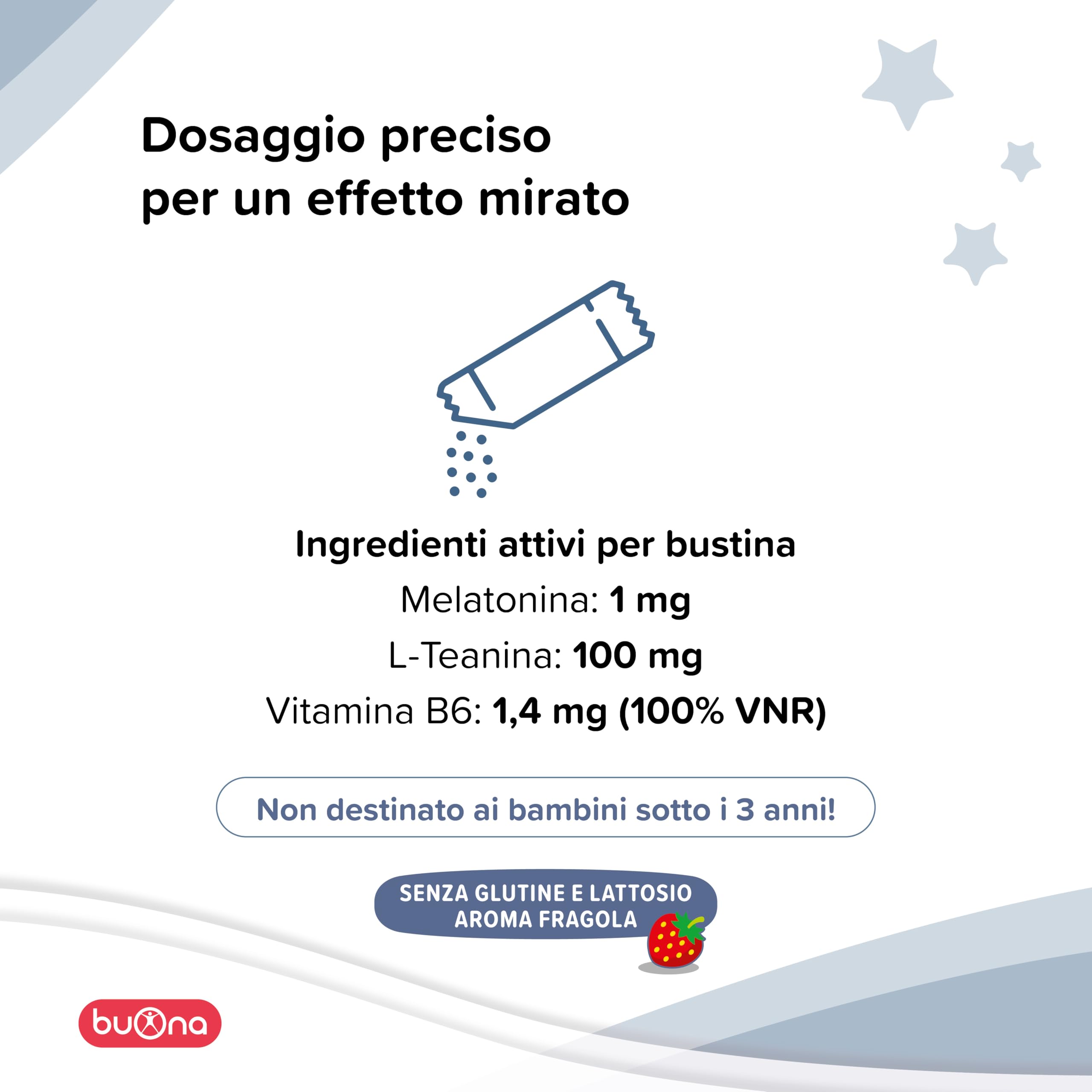 Buona Circadiem Plus Melatonina Bambini e L Teanina, 20 Bustine Orosolubili, Senza Glutine e Lattosio, Melatonina per Dormire con Vitamina B6, Made in Italy