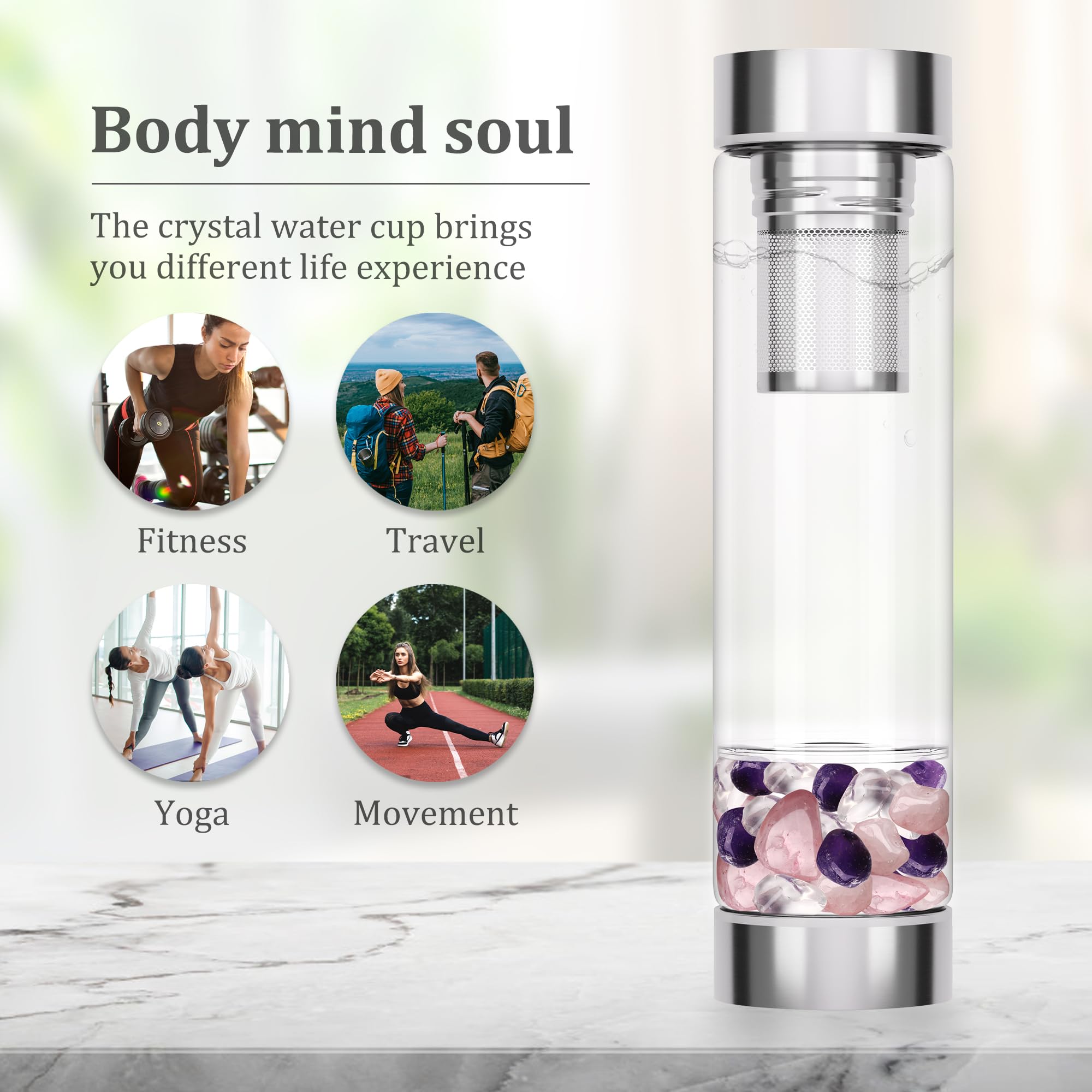 Bouteille d'eau en cristal avec infuseur à thé en cristal et cristaux de quartz rose amovibles, pierres précieuses réutilisables, 500 ml