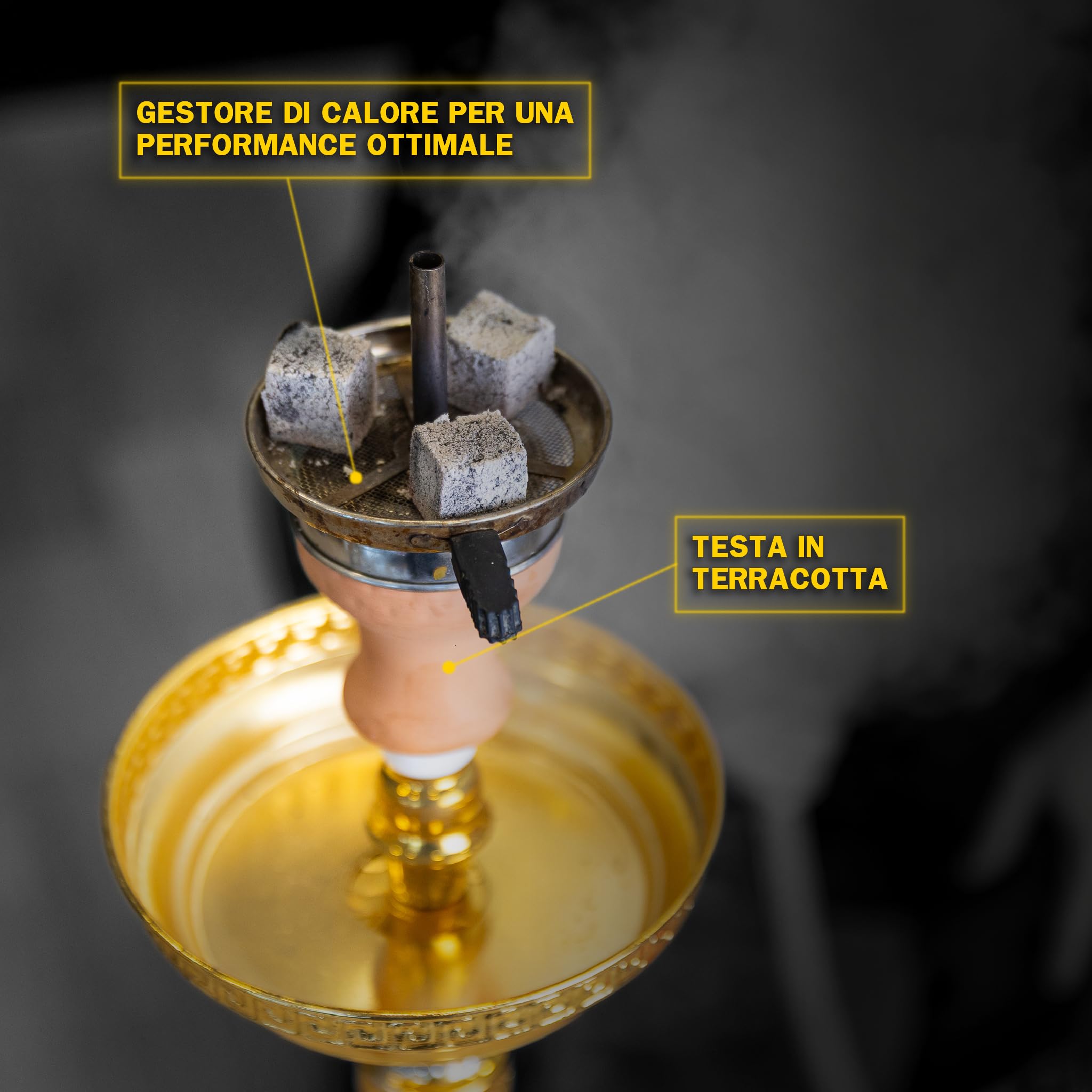 Shisha Tradicional 60 cm con Cabeza de Terracota, Gestor de Calor, Pinza y Porta Carbón Dorado | Cachimba Artesanal con Tubo de Cuero y Cámara Cerrada