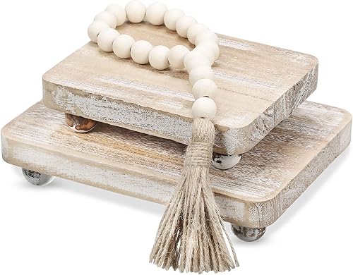 Capoda 3 piezas de elevadores de madera para decoración, mini soportes de pedestal de madera con guirnalda de cuentas de madera, decoración rústica