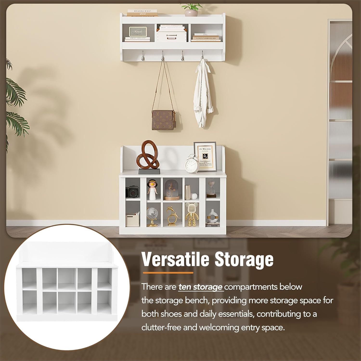 Shoe Storage Bench with Shelves and 4 Hooks, Entryway Hall Tree with Shoe Cabinet with Coat Rack