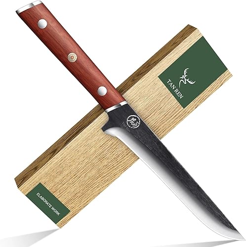 Vista 8 de TAN REN Cuchillo de carnicero de 8 pulgadas, cuchillo chino de acero de alto carbono, corte de huesos resistente con mango de madera, cuchillo