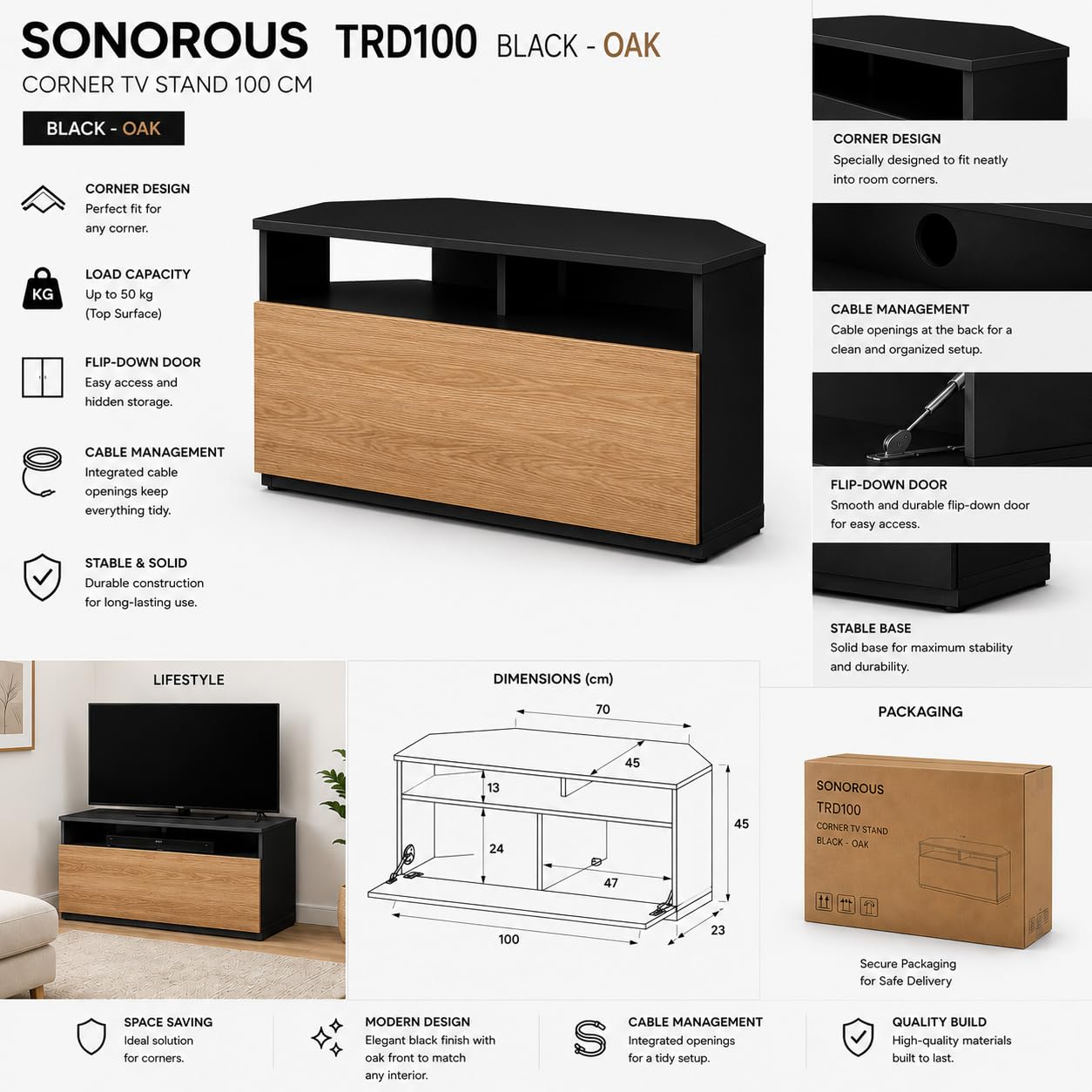 RO&CO Sonorous TRD100-NCh | Meuble TV d’Angle Noir avec Porte Chêne 100 cm | Meuble Télévision d’Angle pour Salon Moderne | Porte Rabattable avec Rangement Caché | Supporte Jusqu’à 40 kg.