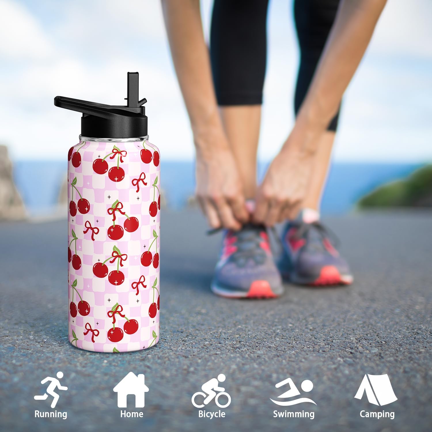 Cherry Water Bottle 32oz Insulated Stainless Steel Thermoses Sports Bottles Cup with Handle and Flip Straw Cherry Gifts Stuff for Girls Women - Image 6