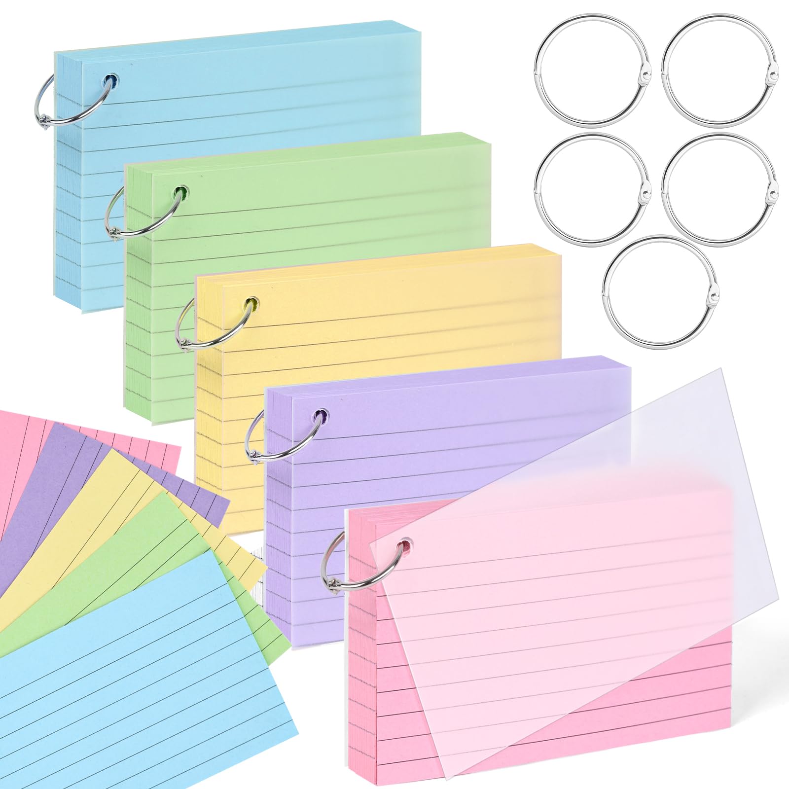 HIBOX 500PCS Ruled Index Cards with Rings, Multicolor Flash Cards with Covers Lined Note Paper 5 Colors for Study Office School