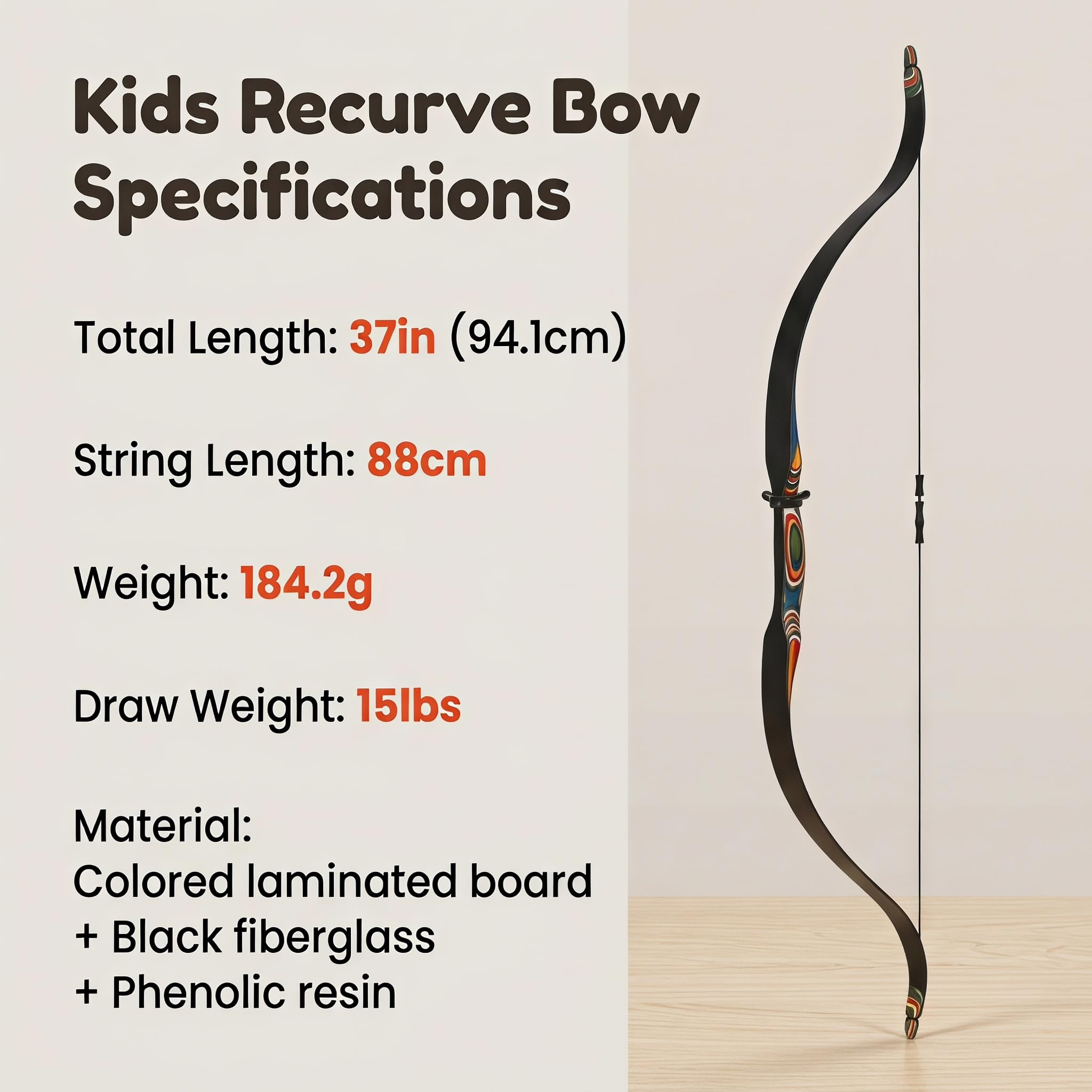 Tiro con l’arco, arco ricurvo tradizionale junior ambidestro 37 pollici 10/15 lbs, arco leggero per allenamento tiro all’aperto per bambini