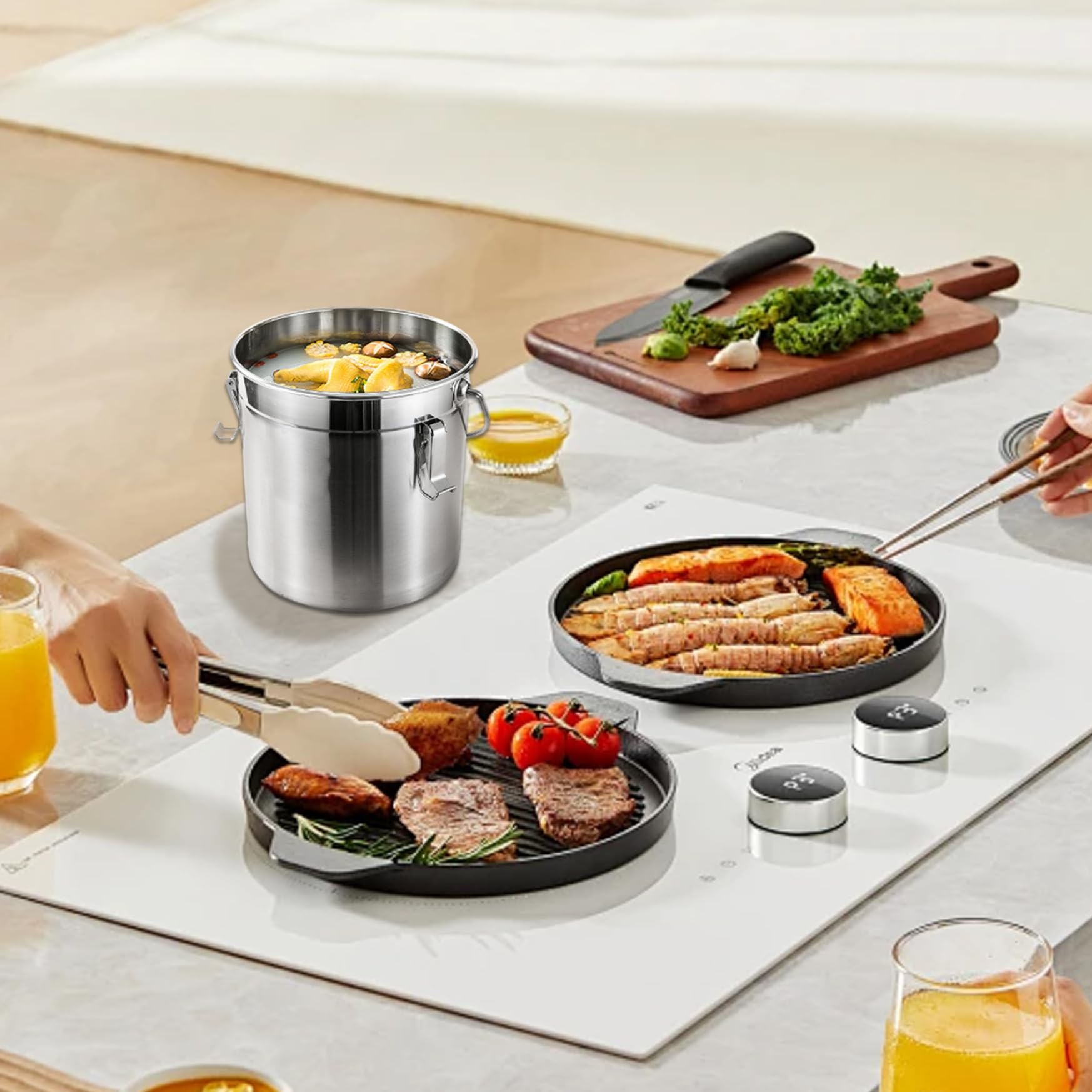 Almacenamiento de alimentos de acero inoxidable - Contenedor de 7 litros con tapas, cerraduras y asa, hermético multiusos