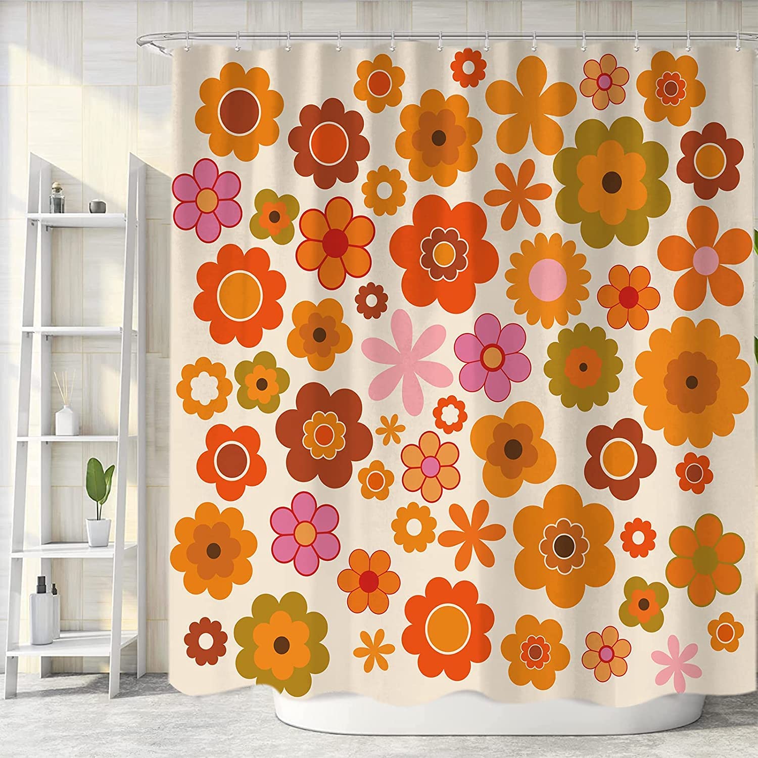 Rideau de douche tissu marron orange style bohème avec crochets