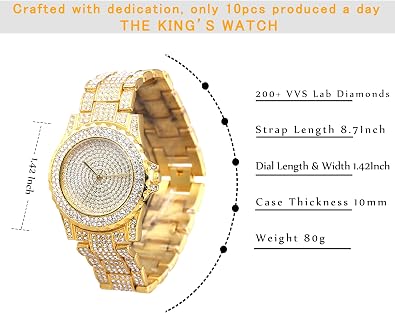 Halukakah Men's Diamond Watch - ECLIPSE - Full Diamonds Handset,18k Real Gold/Platinum White Gold Plated Iced Out,Wristband 8.7(22cm),Cuban Link Chain 8+18 Necklace Bracelet Optional, with Giftbox
