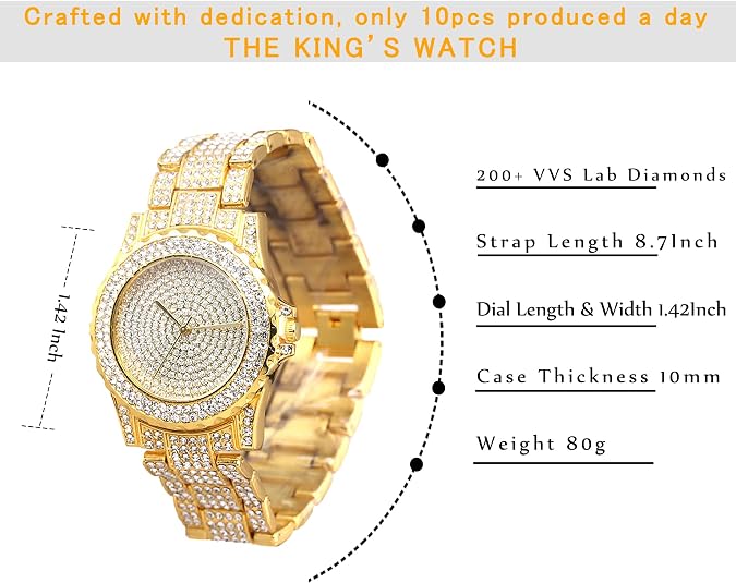 Halukakah Men's Diamond Watch - ECLIPSE - Full Diamonds Handset,18k Real Gold/Platinum White Gold Plated Iced Out,Wristband 8.7(22cm),Cuban Link Chain 8+18 Necklace Bracelet Optional, with Giftbox