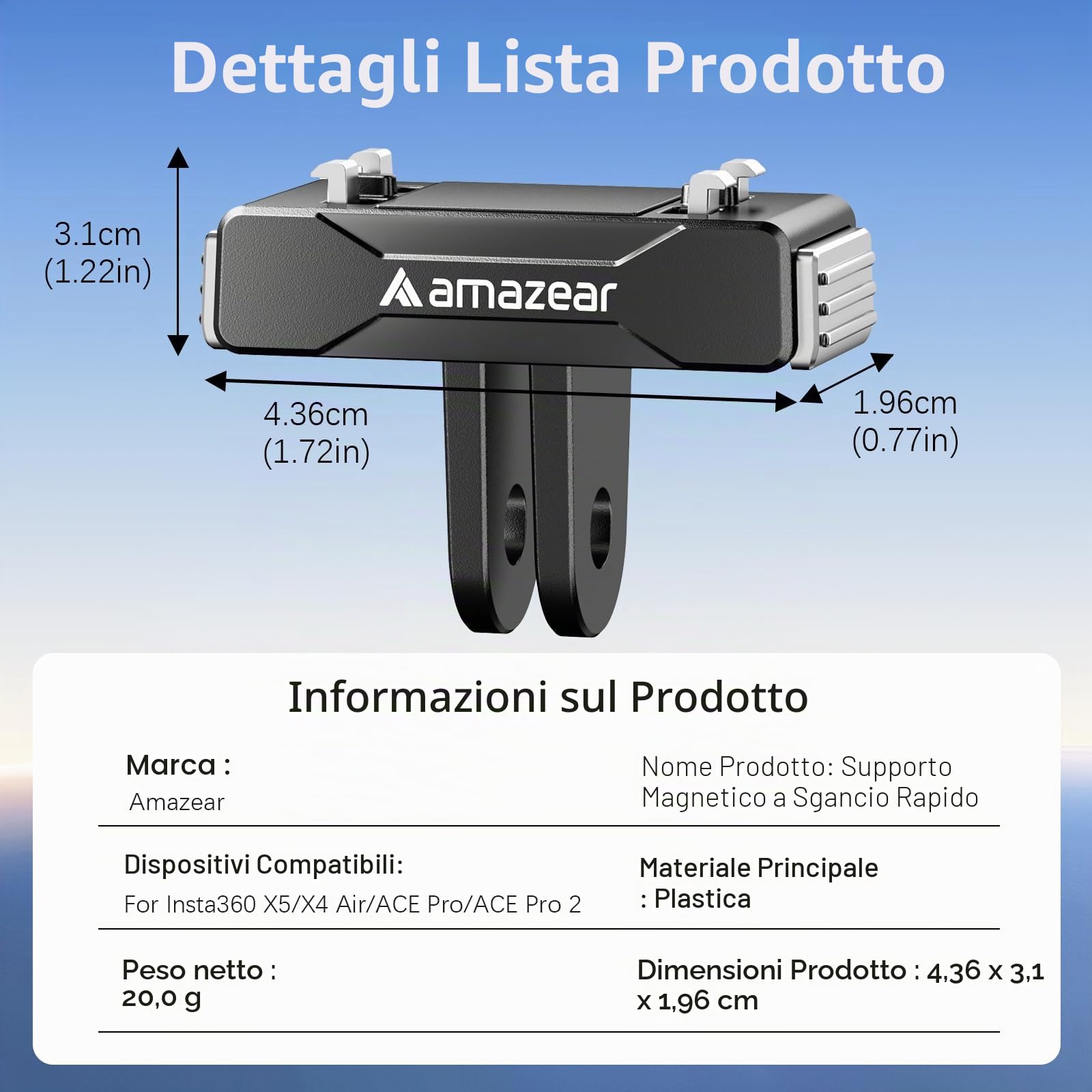 AMAZEAR Supporto magnetico per Insta360 X5/X4 Air (2 pcs), Insta 360 X5 / Ace Pro 2 Supporto magnetico a sgancio rapido- Adattatore QR in Plastica con Filettatura 1/4"-20, Costruzione in Plastica