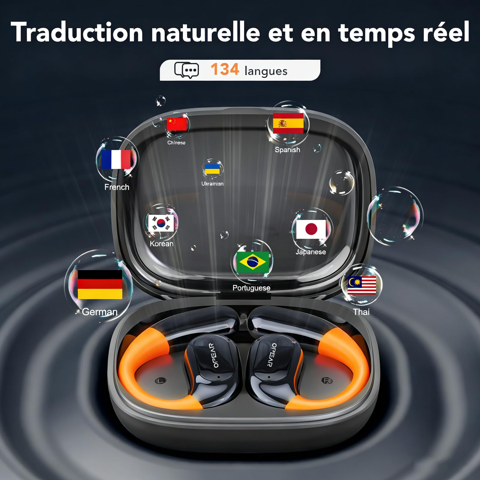 NE27 Ecouteur Traducteur Instantané, Écouteur Traducteur Pour 134 Langues Avec Écran Tactile LCD, Oreillette Traduction Instantanée À Oreille Ouverte, Pour Les Voyages, Les Affaires Et L'Apprentissage