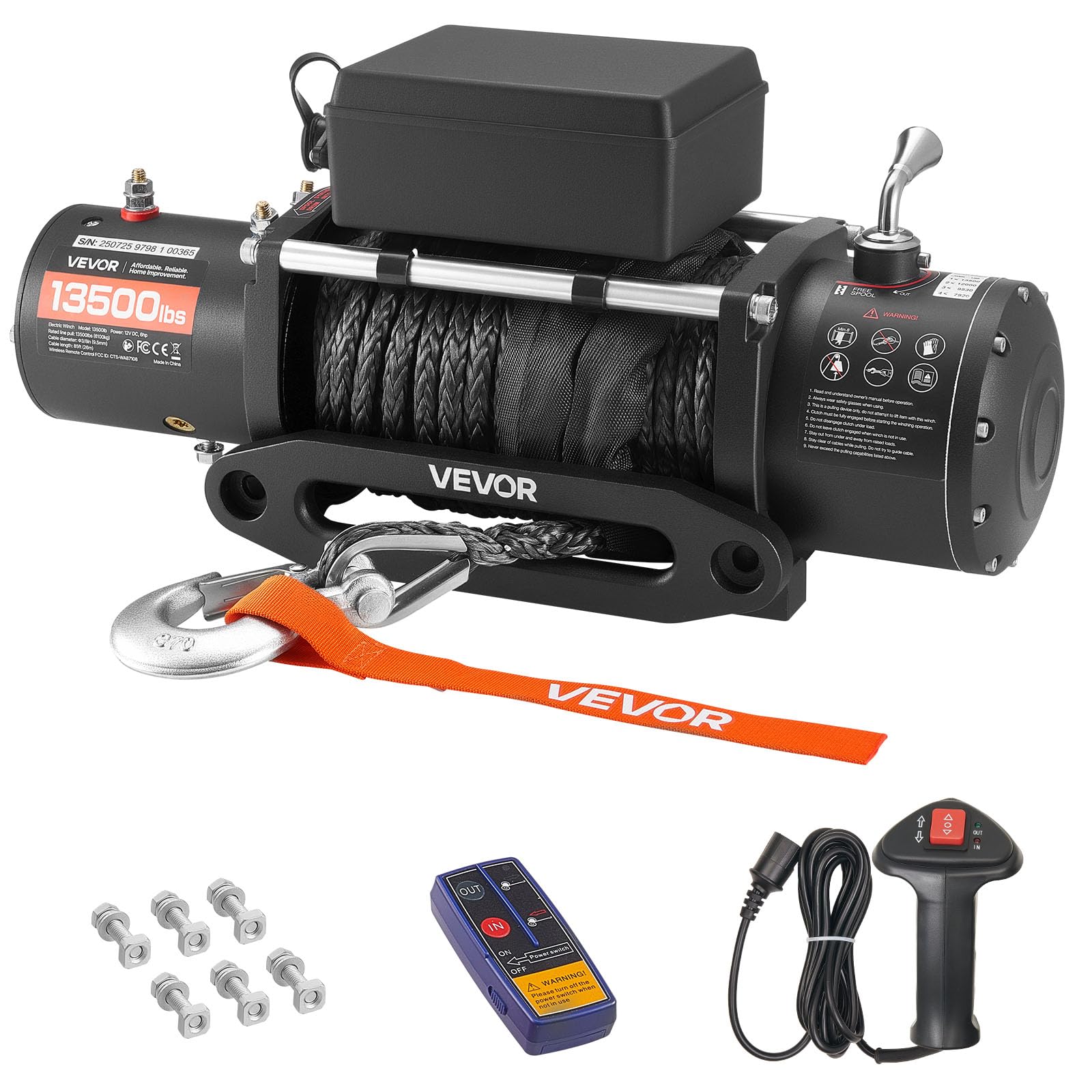 VEVOR Cabrestante Eléctrico, 6100 kg, 12 V CC, con Cable Sintético de 26 m, Control Remoto Inalámbrico y con Cable, IP55, para Remolcar SUV, Remolques y Barcos, 534 x 160 x 215 mm, Negro
