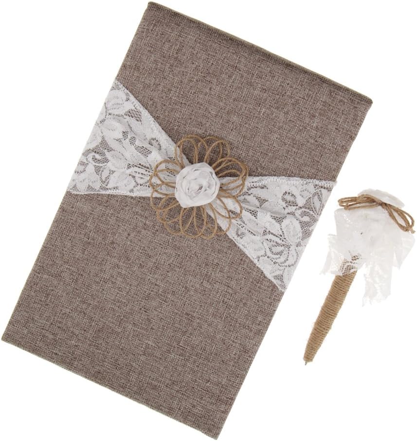 Jute Flower Burlap Covered Guest Book with Pen Set Wedding Decor