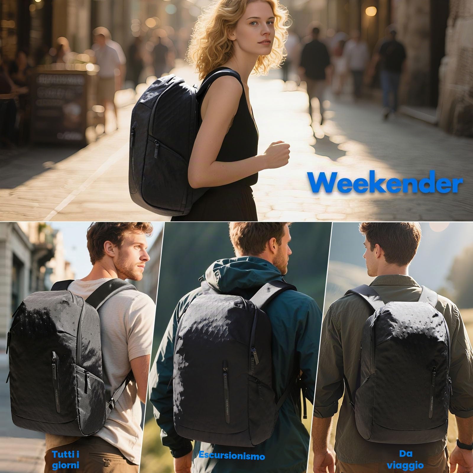 Zaino Viaggio per Uomo e Donna, Tessuto Tecnico Ultraleggero | Impermeabile e Resistente, Grande Capacità 30 L, per Laptop da 17,3 pollici, Ideale per Campeggio ed Escursionismo, Nero