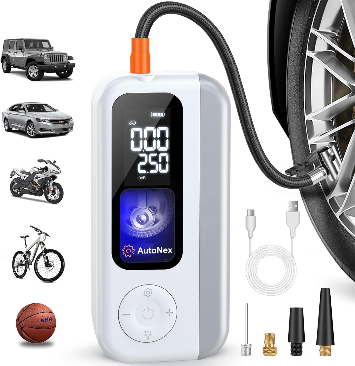 Tire Inflator Portable Air Compressor, Cordless Tire Air Pump with LED Light, 150 PSI Car Tire Air Pump, Electric Tire Inflator for Inflatables, Car, Bike, Motorcycle