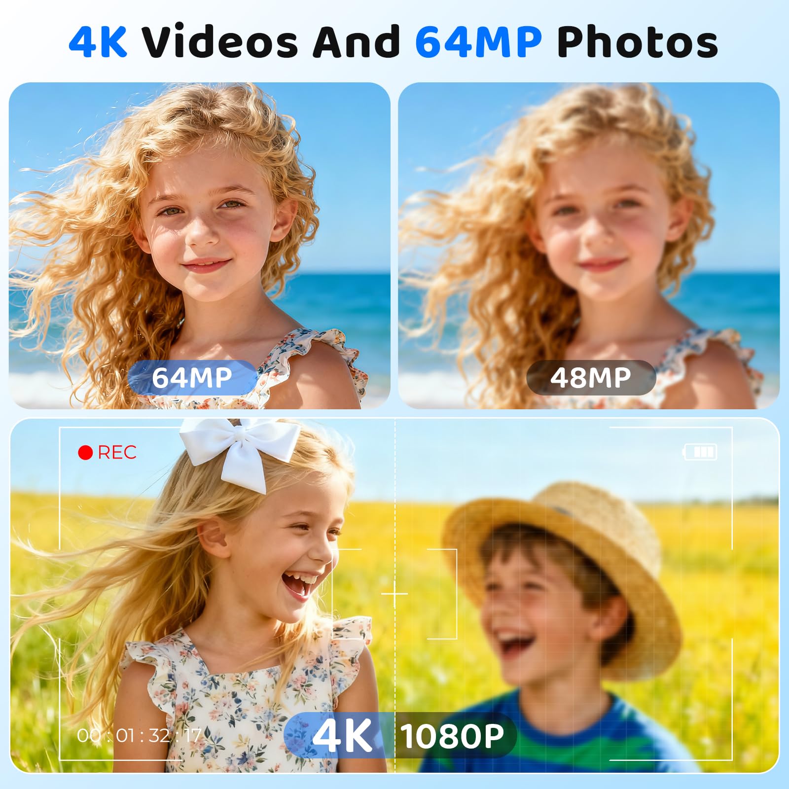 Fotocamera digitale 4K 64MP FHD fotocamera fotografica per bambini 18X zoom digitale fotocamera compatta con 2,4 schermi, scheda SD da 32 GB per bambini adolescenti principianti, nero