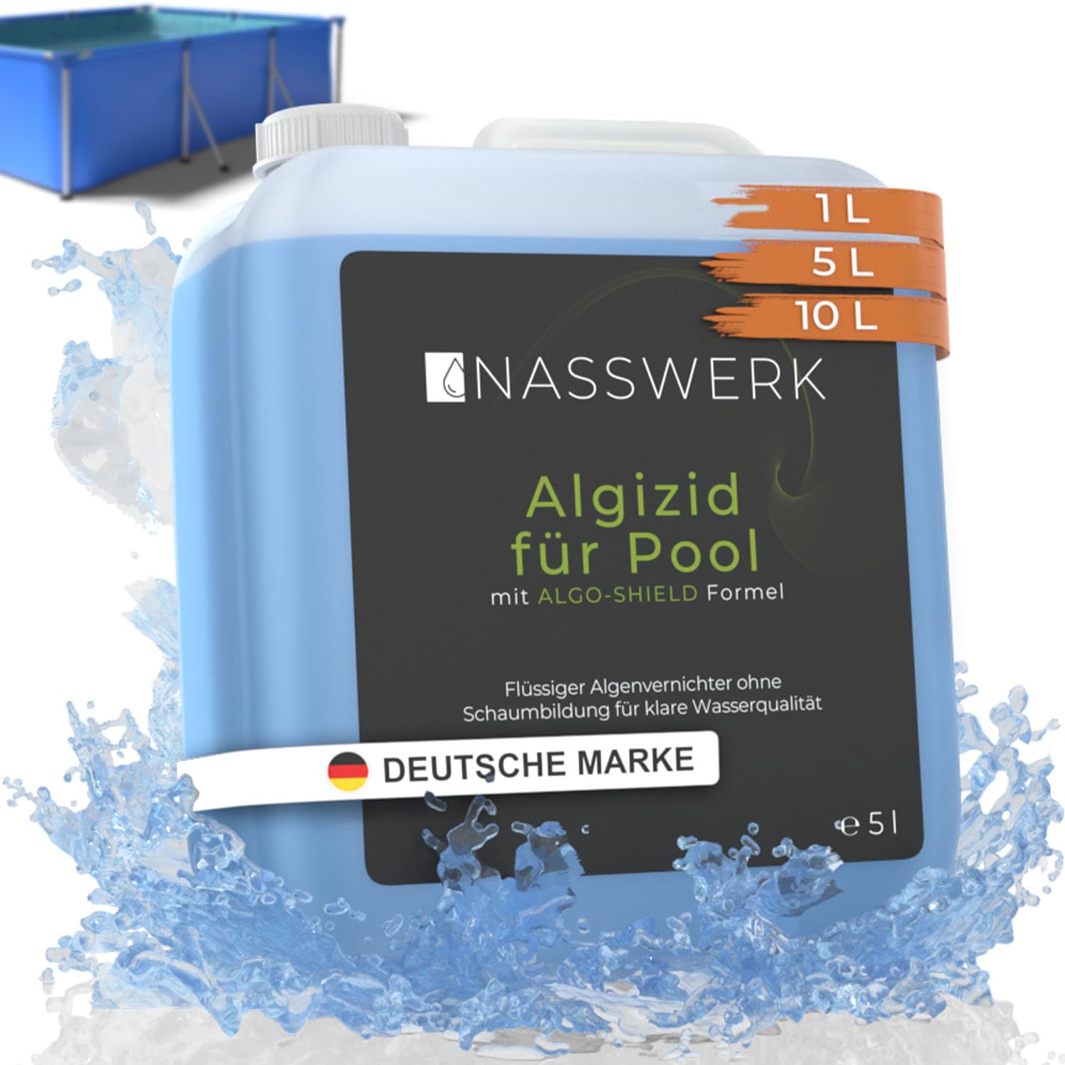 NASSWERK® Algizid für Pool flüssig 5L | Algenvernichter Pool um grünes Poolwasser klar bekommen | Poolklar Anti Algenmittel Pool & Whirlpool | Pool Algenvernichter mit Klareffekt Algezid Algenverhüter