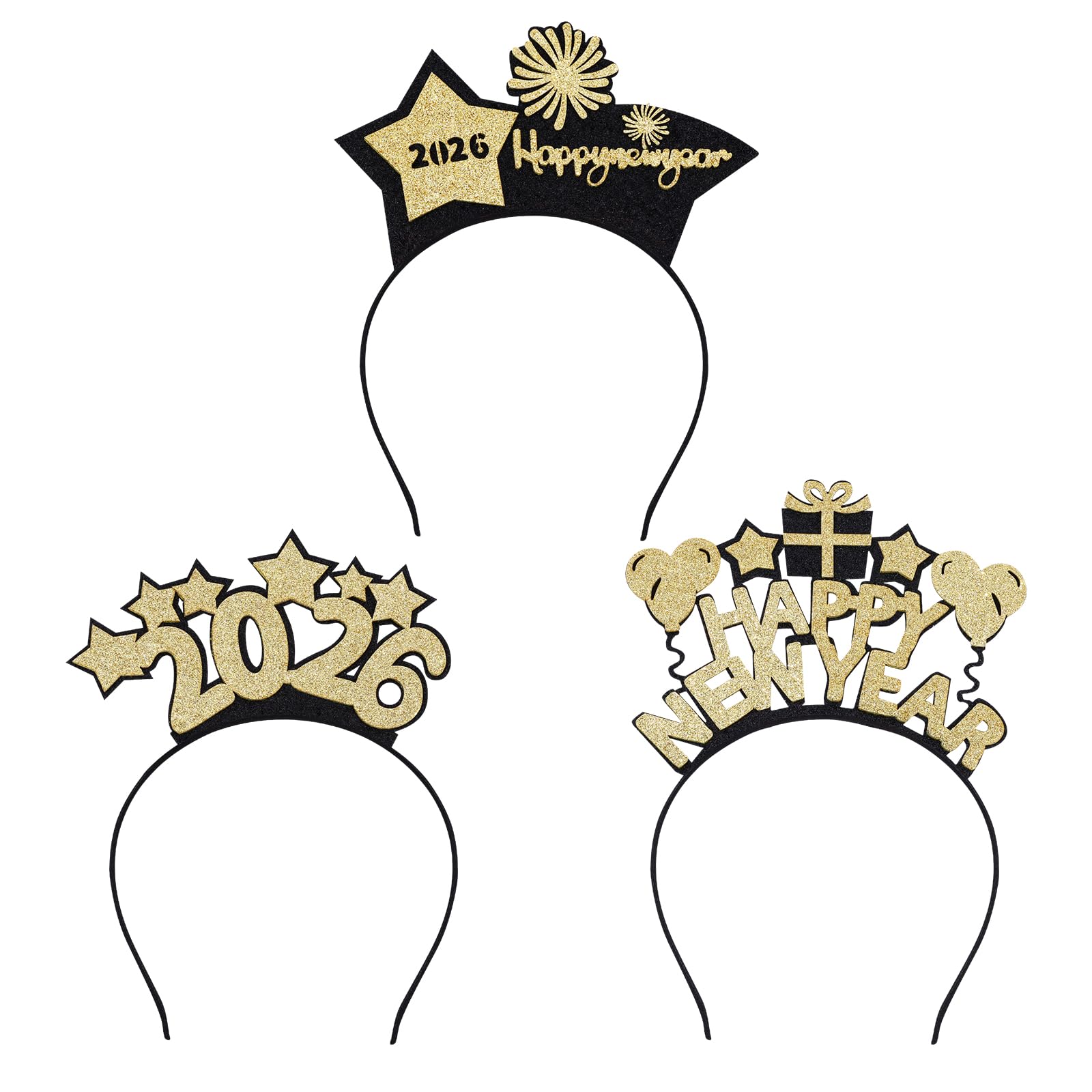 OAOLEER 3PCS Happy New Year Headband for Women 2026, Black and Gold Glitter Hairband for New Years Eve Party Favors Supplies, Star Head band for