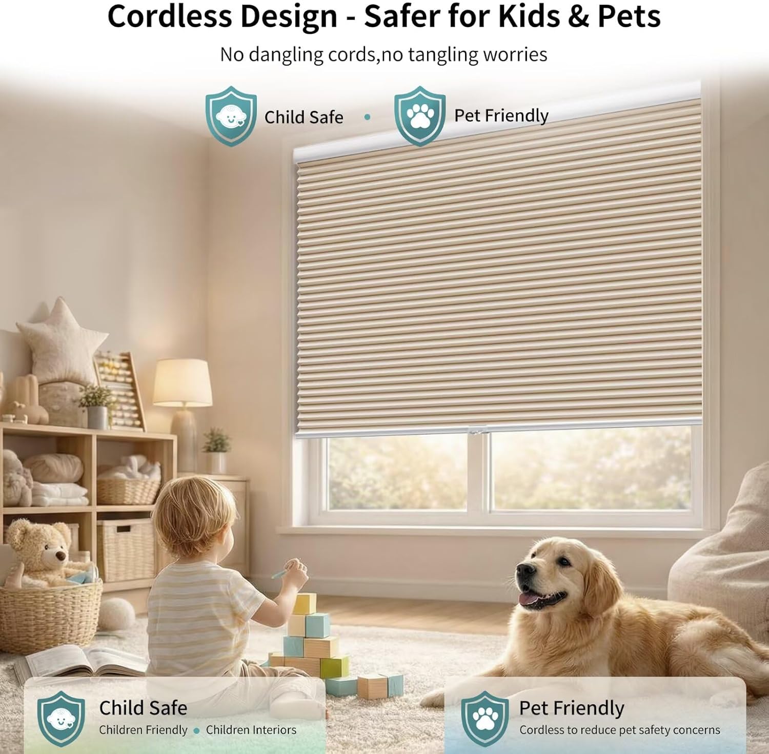 MYshade Cordless Blackout Cellular Shades for Windows, Honeycomb Window Shades with Thermal Insulation, Child & Pet Safe Room Darkening Shade, Easy Install,24" W x 64" H, Beige Beige 24"W x 64"H