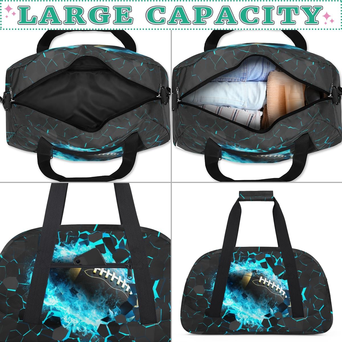 Kids Duffle Bag for Boys - Blue American Football Sport Gym Duffel Bag Overnight Bag Carry On Weekender Bag for Travel School Practice Workout