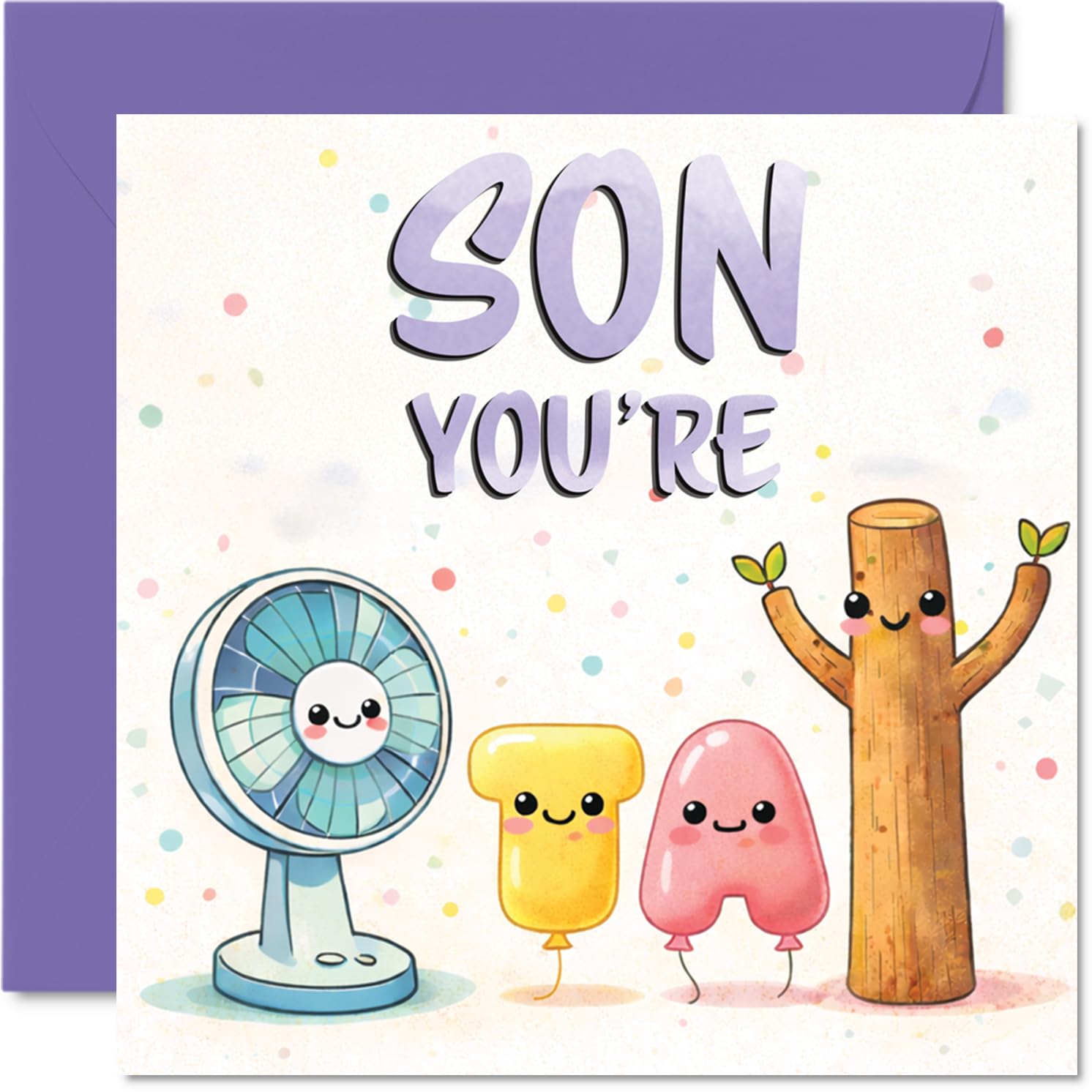 Playful Birthday Card for Son - Full of Fun - Cheerful Pastel Card with Quirky Cartoon Characters - A Playful Way to Make Him Grin - 145mm Square, Envelope Included