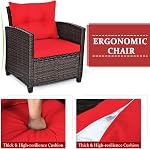 Ensemble de meubles de patio COSTWAY 3 pièces, canapé en rotin PE avec coussin lavable et table basse, plateau en verre trempé, ensemble de conversation extérieur pour balcon, porche, jardin, arrière-cour, pelouse, rouge