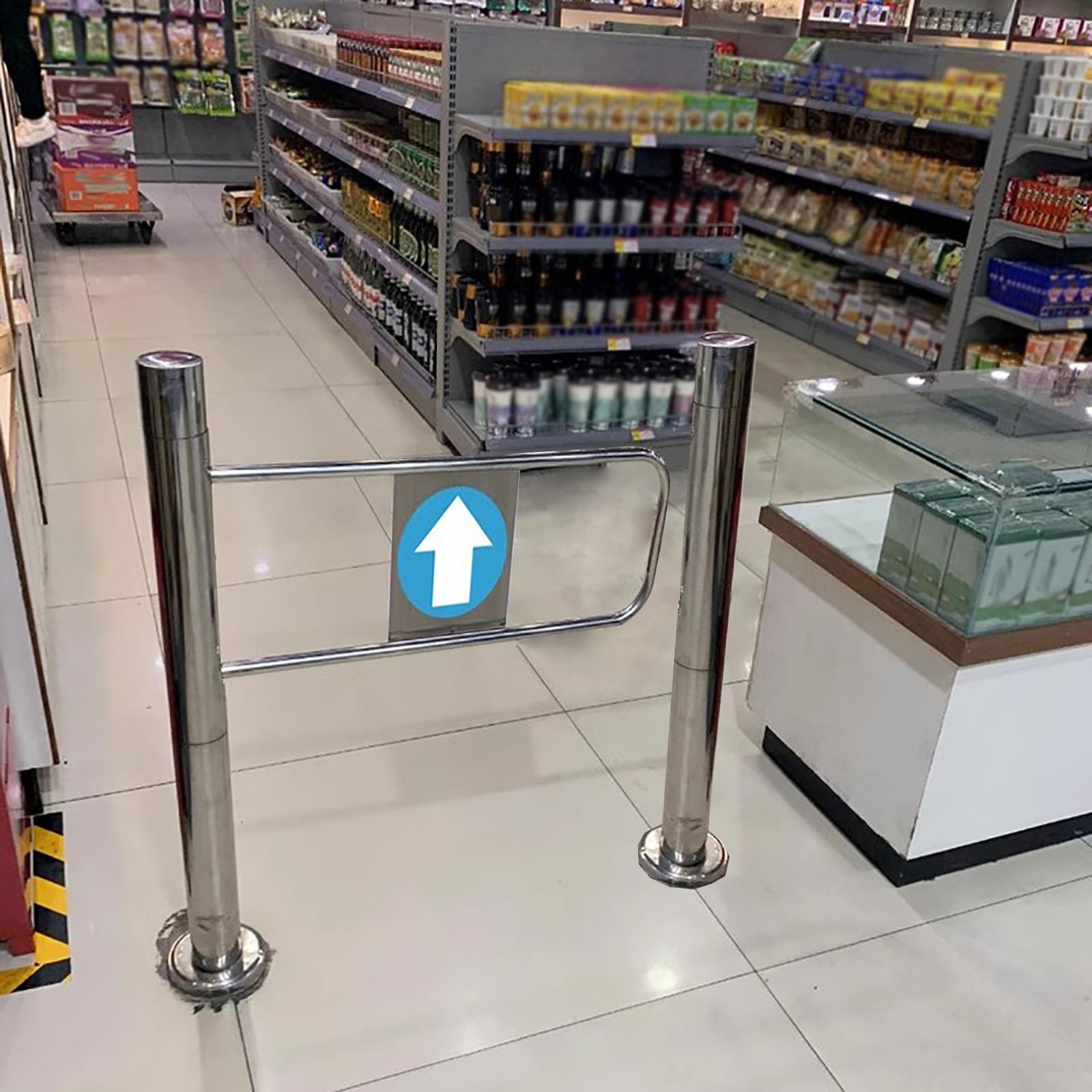 Cancelletto di sicurezza a chiusura automatica, con supporto per palo, a 90 gradi, per corridoi industriali e di mercato, finitura argento, 80 x 100 cm, accesso unidirezionale, design resistente