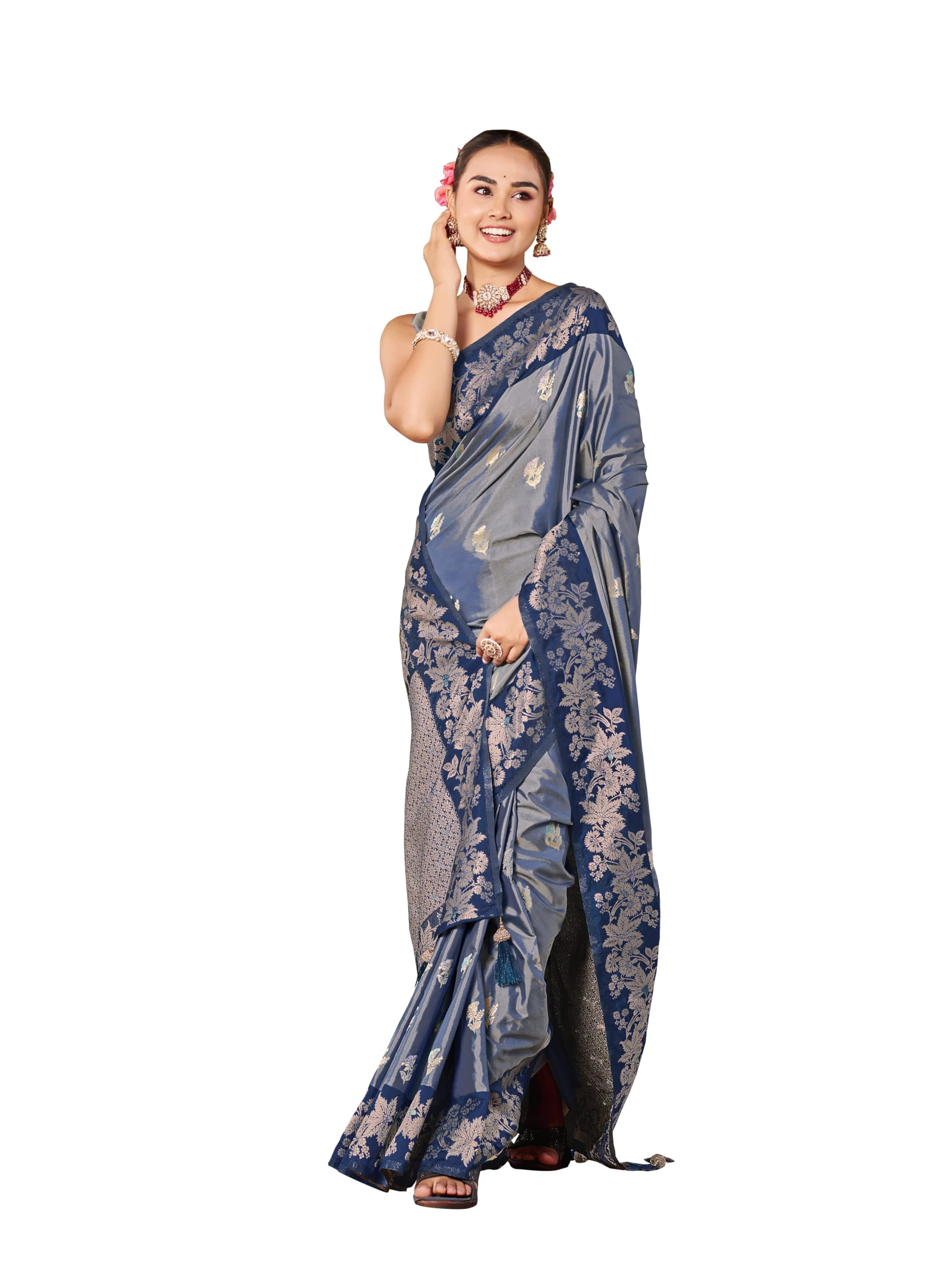 manohari Women's Silk Blend Banarasi Jacquard Woven Saree with Rich Zari Border & Tassels | Ethnic Function & Festive Saree with Unstitched Blouse Piece-picture-36