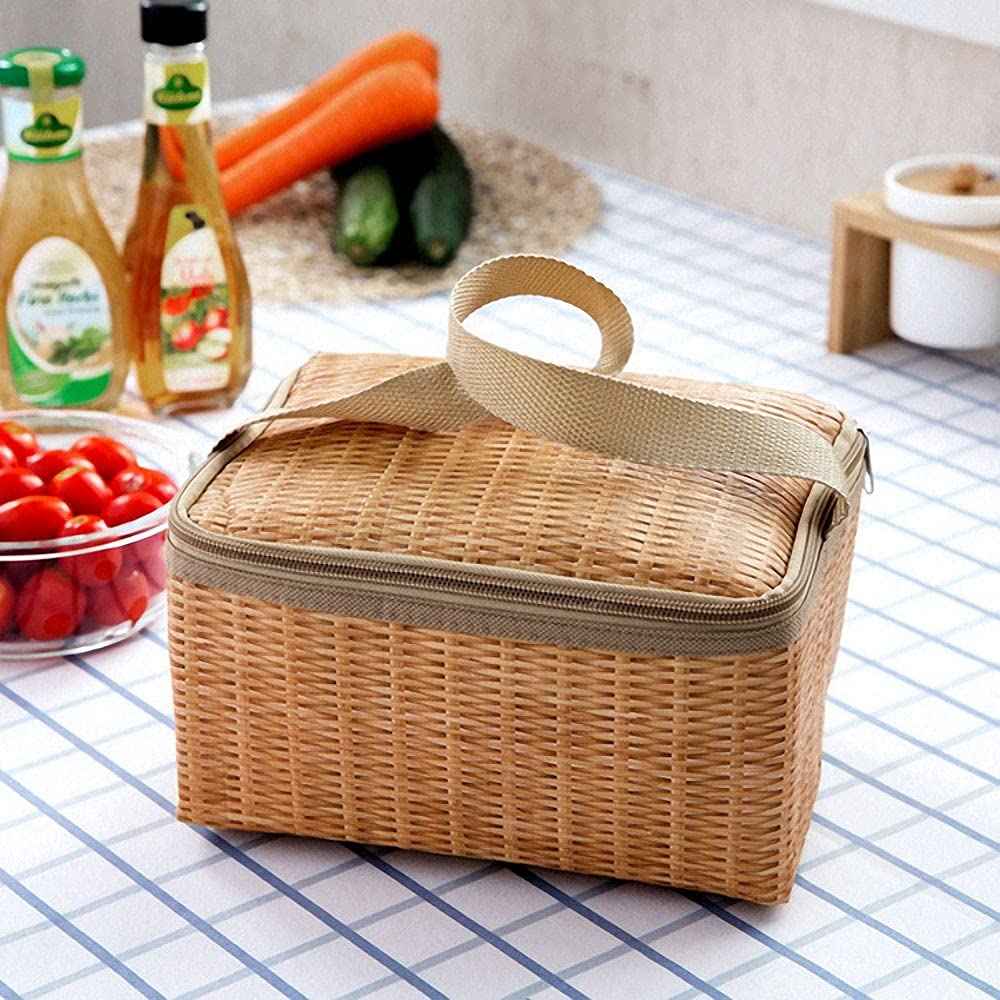Borsa da Picnic all'aperto in Rattan di Vimini Portatile Stoviglie Impermeabili Cestino per contenitori per Alimenti con Isolamento Termico per Picnic da Campeggio